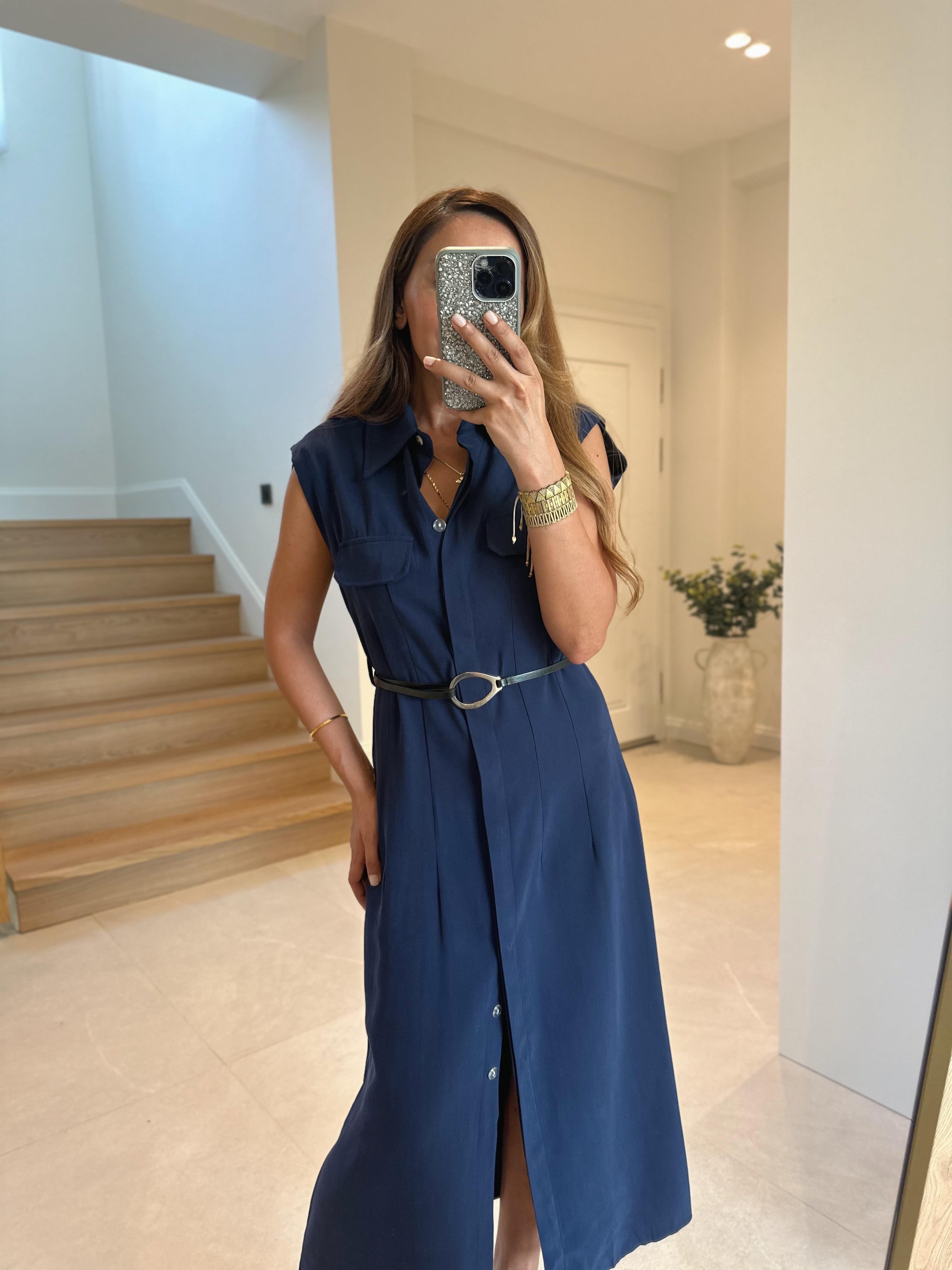 Kate Premium Kemerli Lacivert Tensel Elbise 