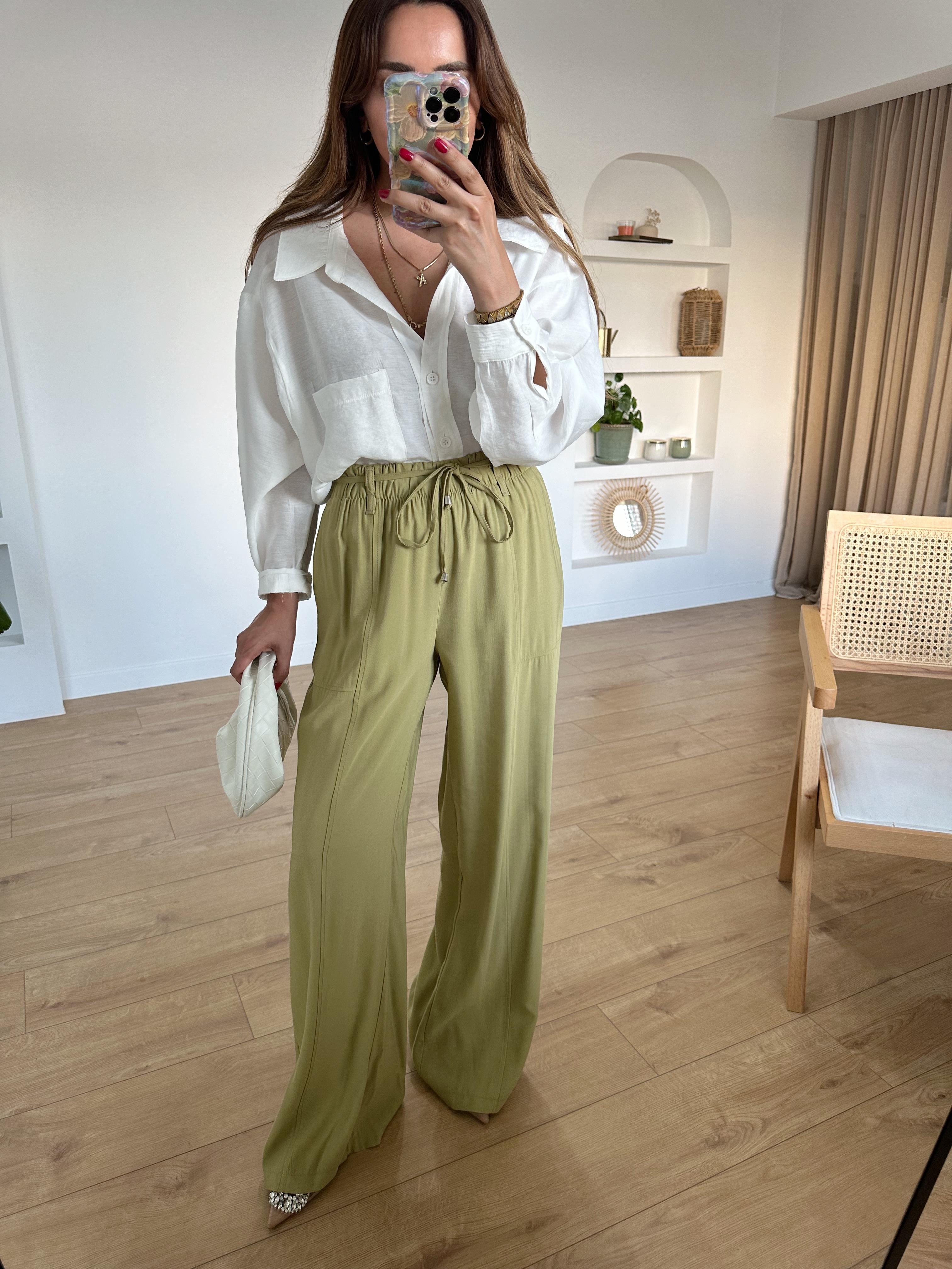 KENNY YAĞ YEŞİLİ  PREMIUM TOK DOKULU TENSEL PALAZZO PANTOLON