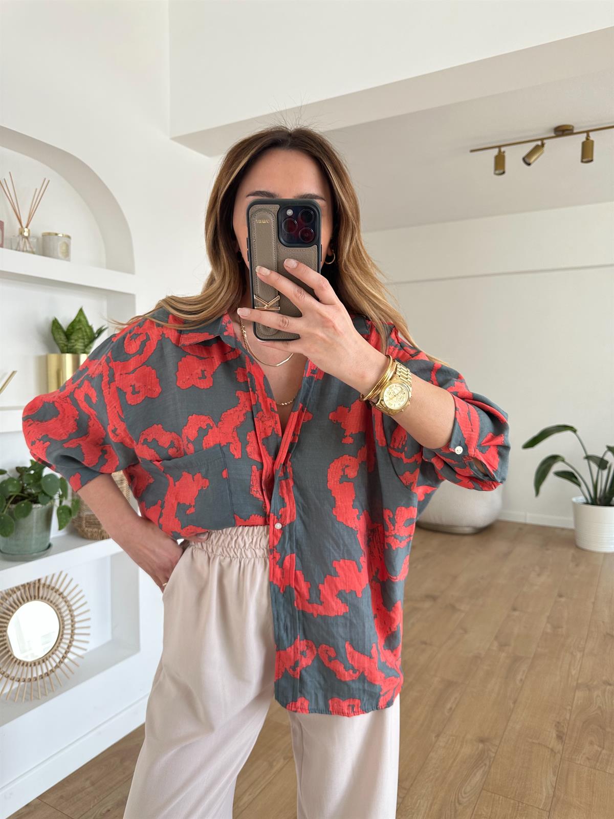 KIRMIZI DESENLİ  TENSEL OVERSIZE GÖMLEK
