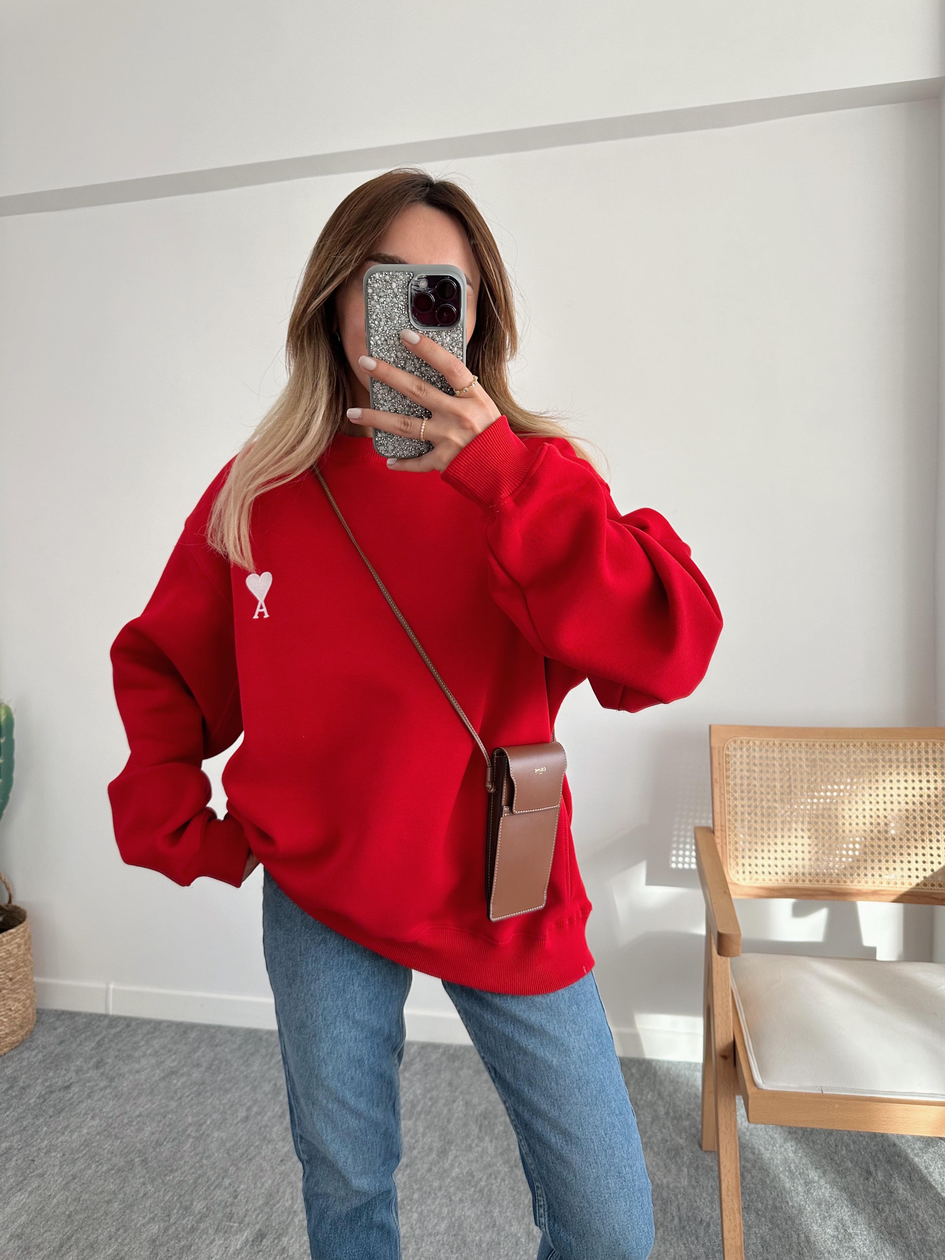 KIRMIZI KALP NAKIŞLI MUADİL PREMIUM ŞARDONLU SWEAT