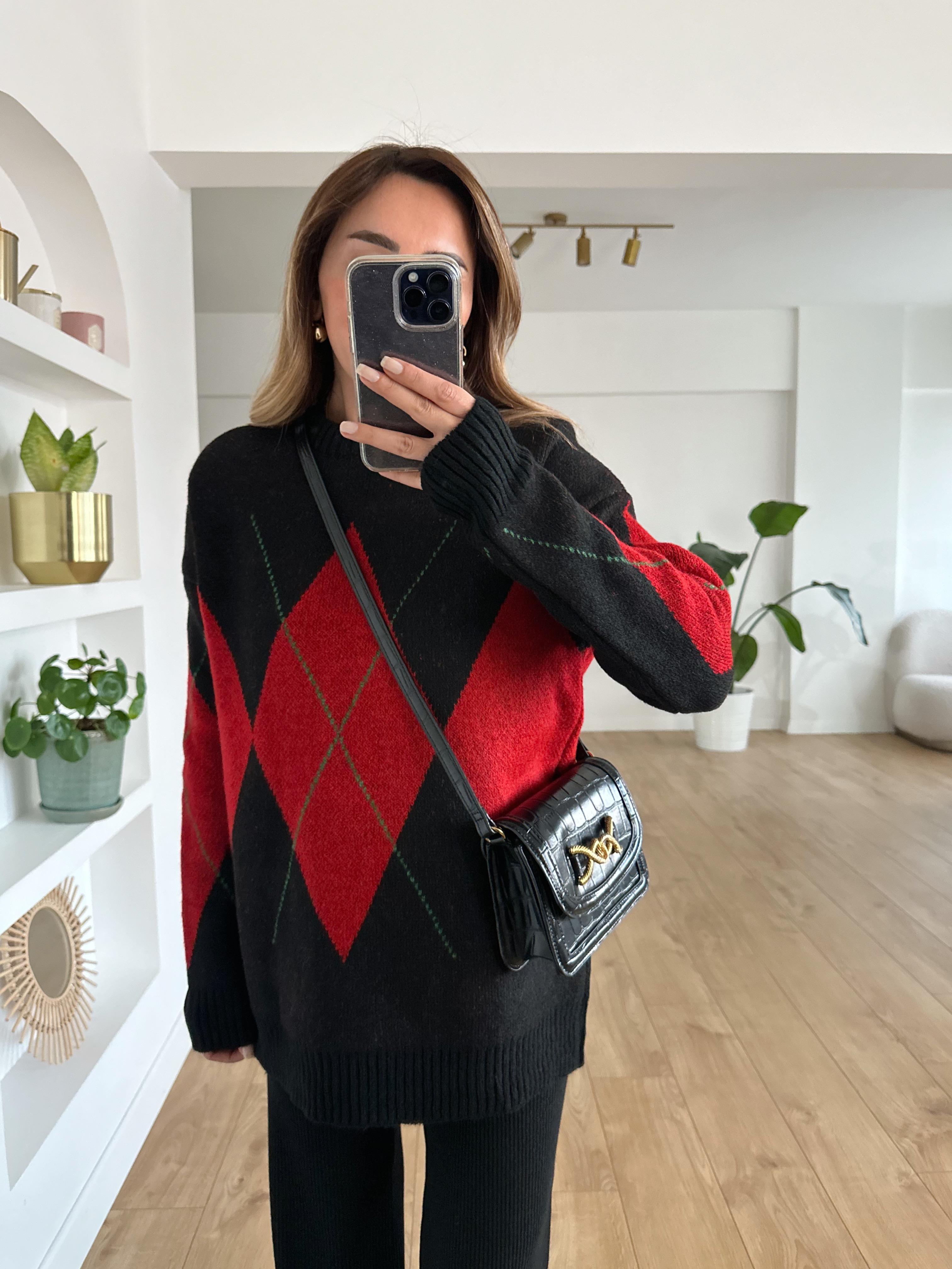 KIRMIZI SİYAH YEŞİL BAKLAVA DESENLİ  OVERSIZE KALIN  KAZAK