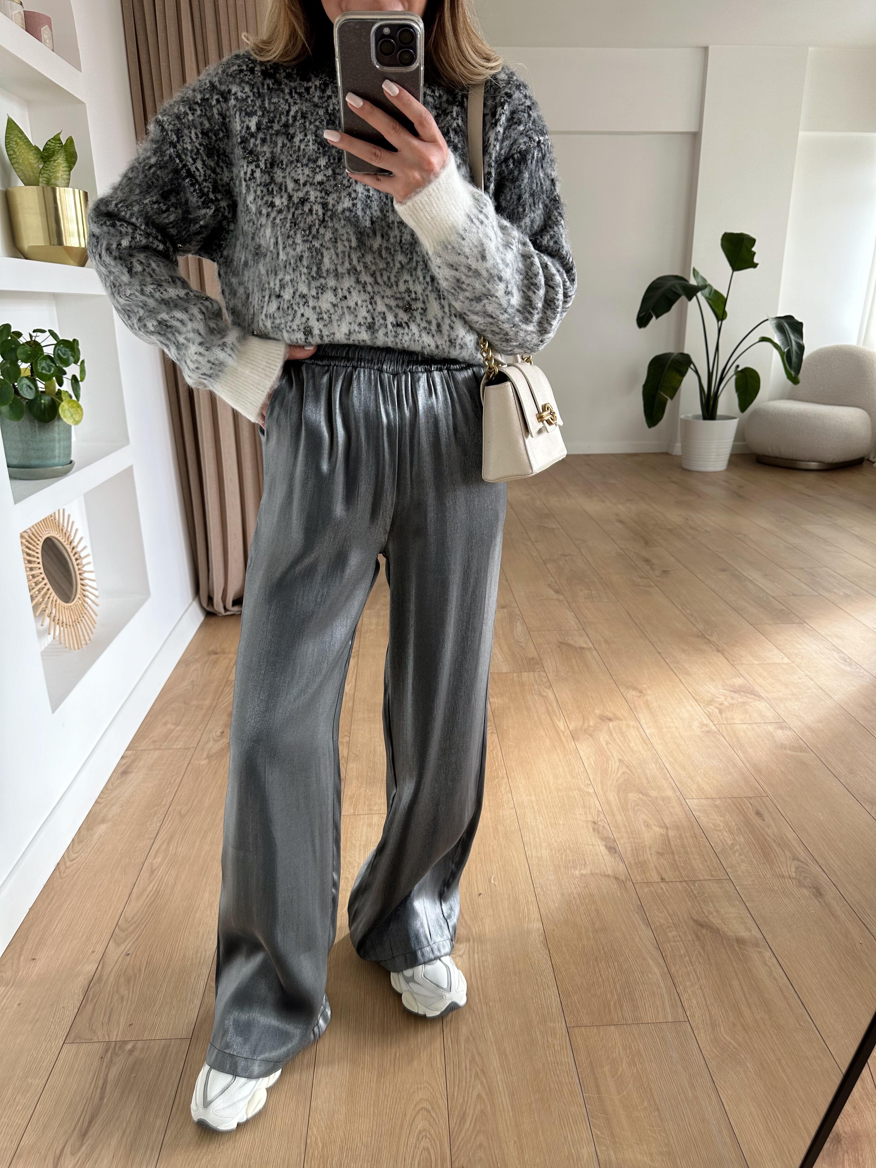 KOYU GRİ BELİ LASTİKLİ PARLAK PANTOLON