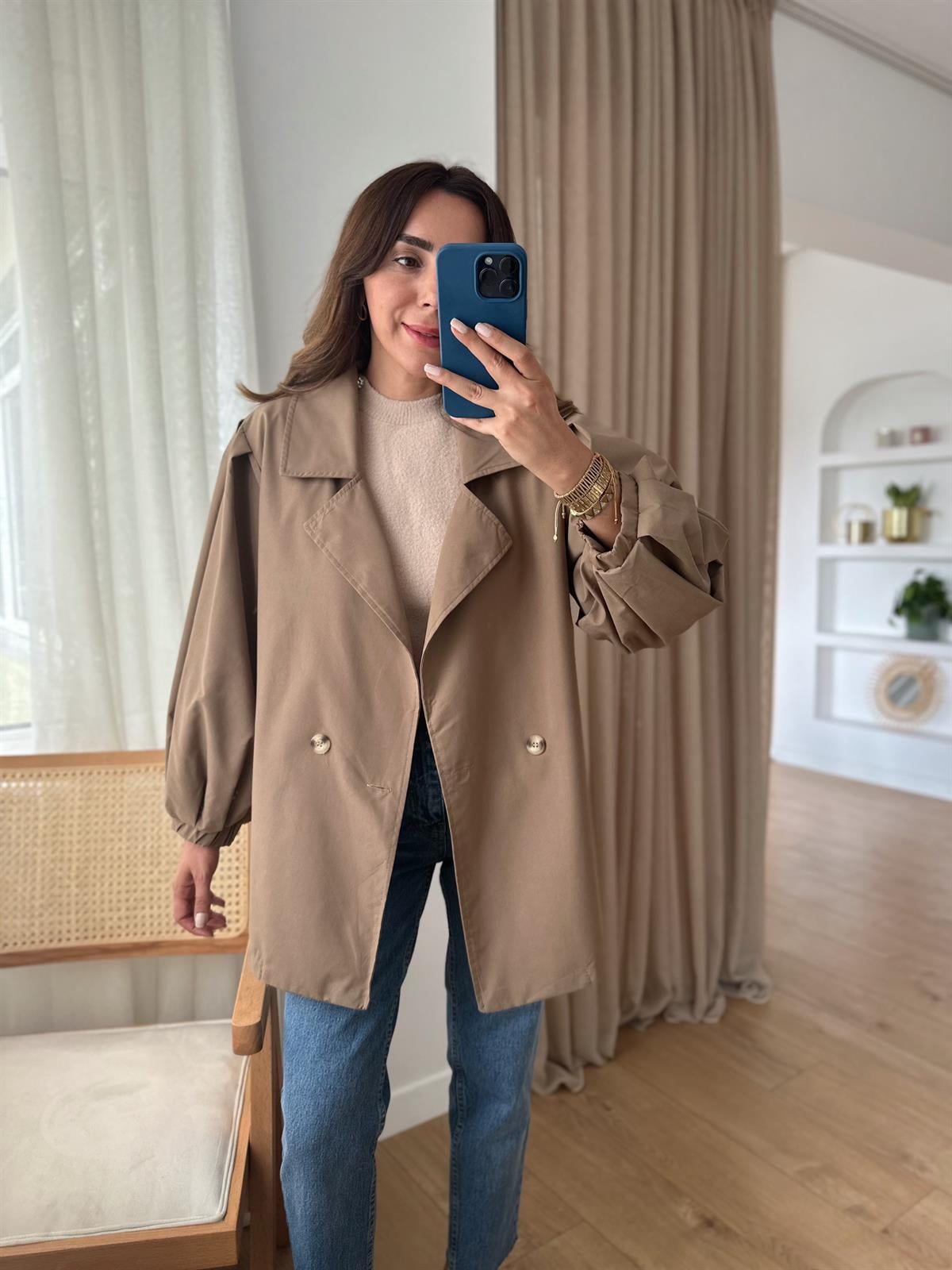 KOYU VİZON BALON KOL OVERSIZE TRENCH