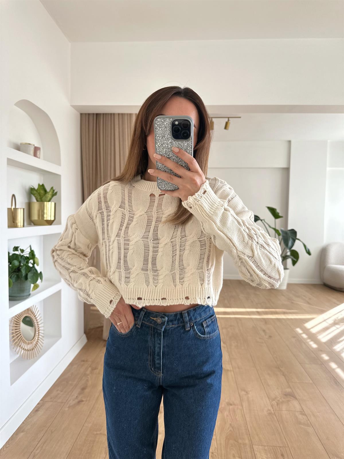 KREM AJURLU CROP TRİKO