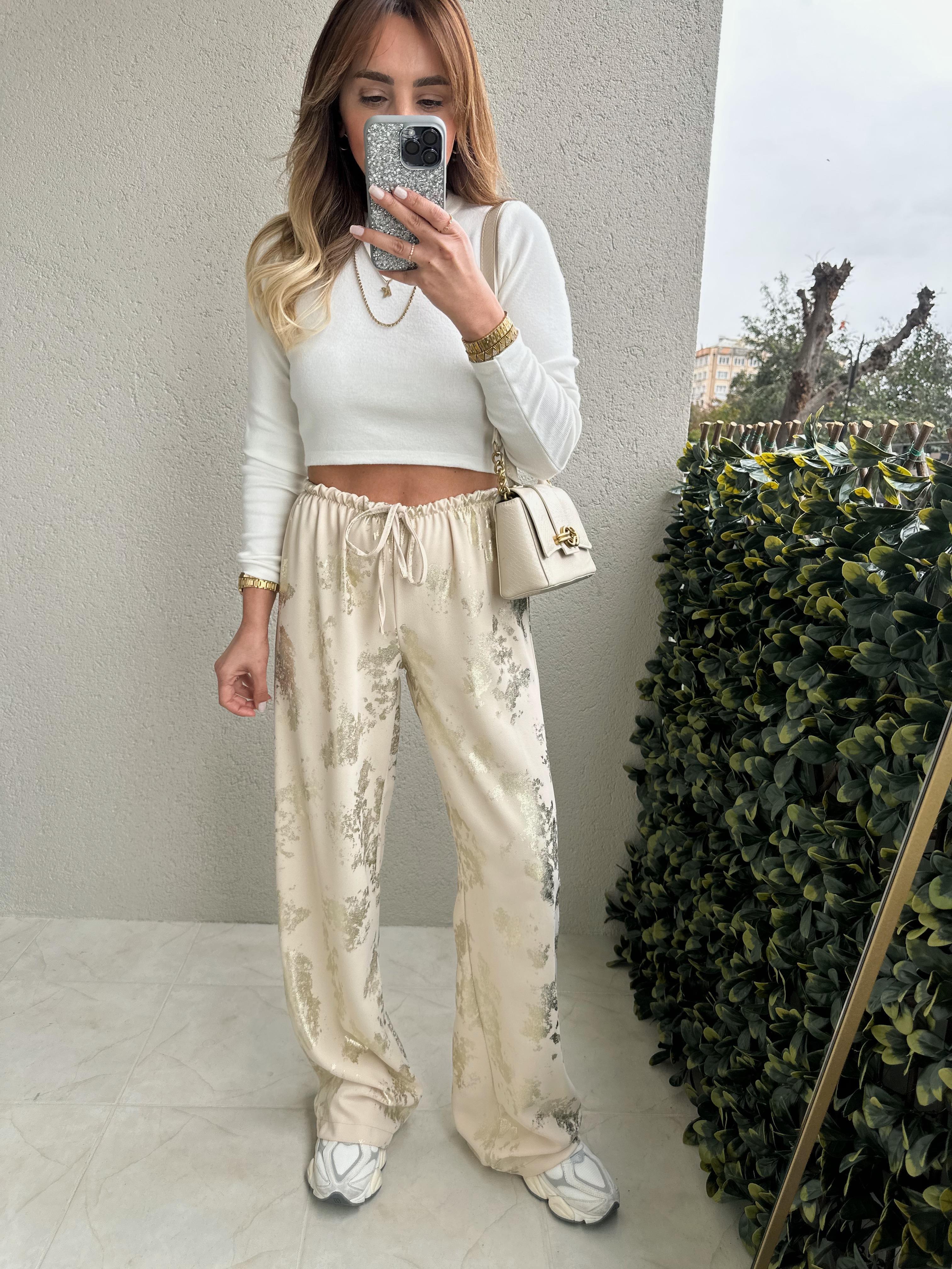 KREM GOLD VARAKLI BOL PANTOLON