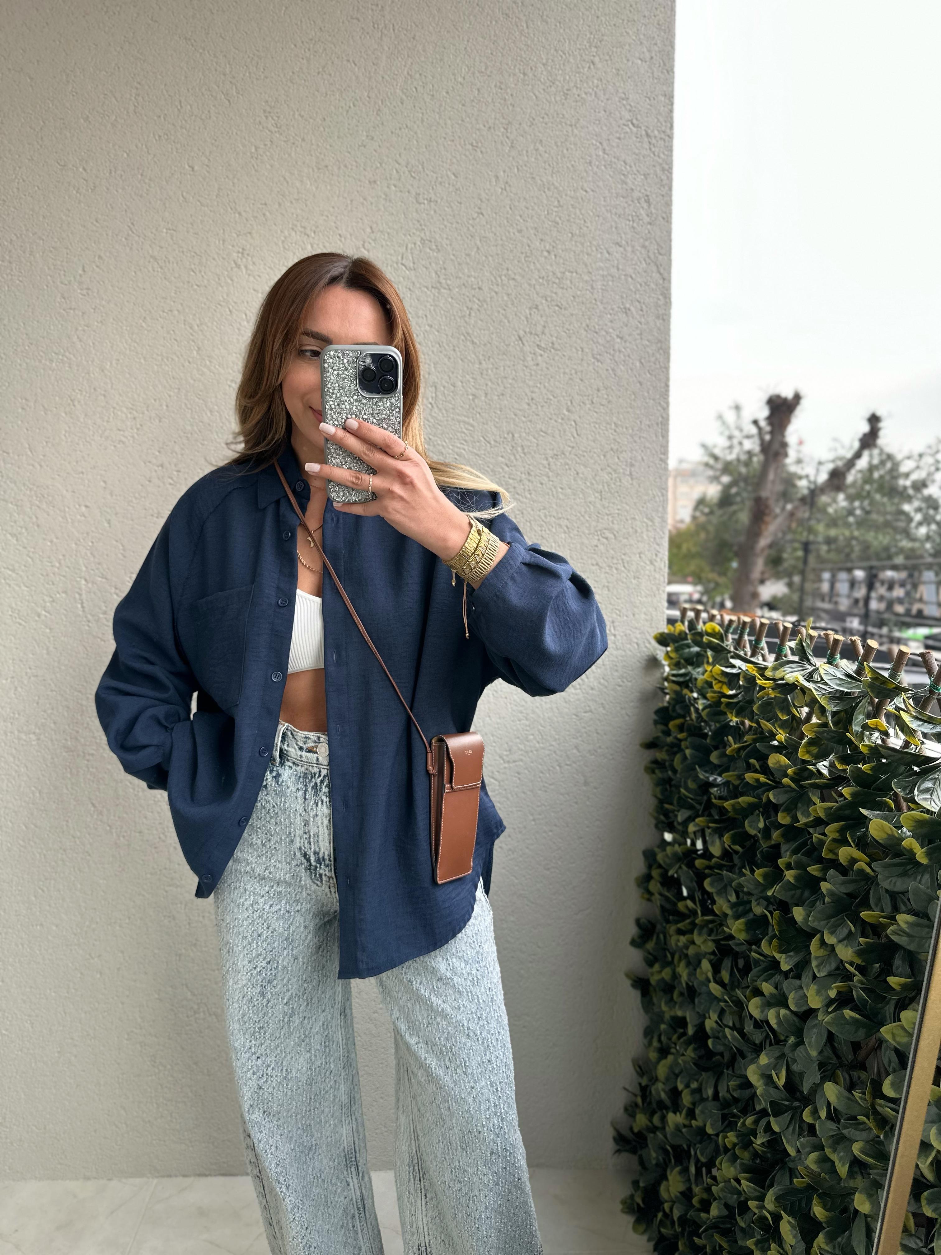LACİVERT BALON KOL OVERSIZE KETEN GÖMLEK