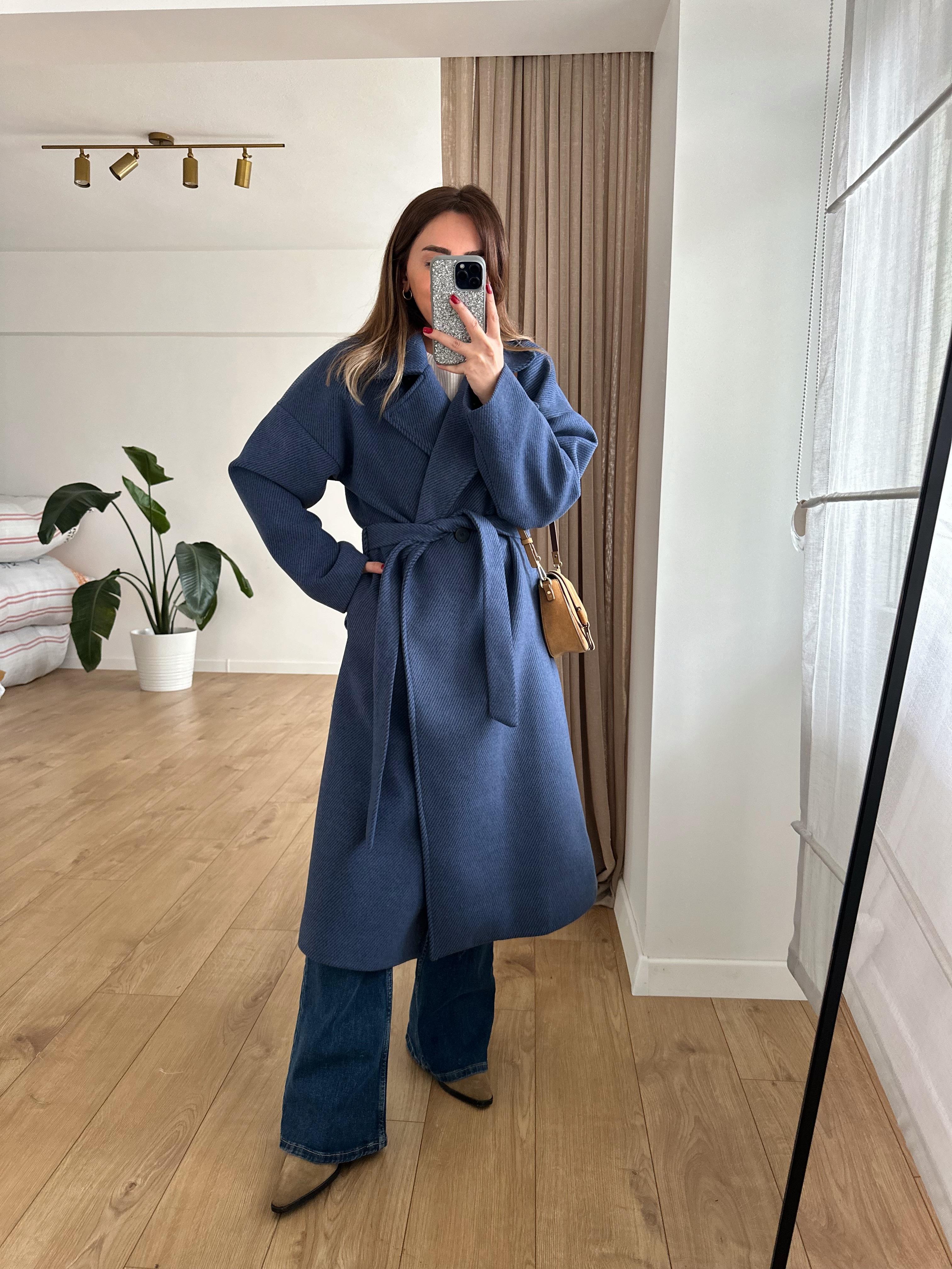 LACİVERT DİAGONEL  BALIKSIRTI OVERSIZE KAŞE KABAN