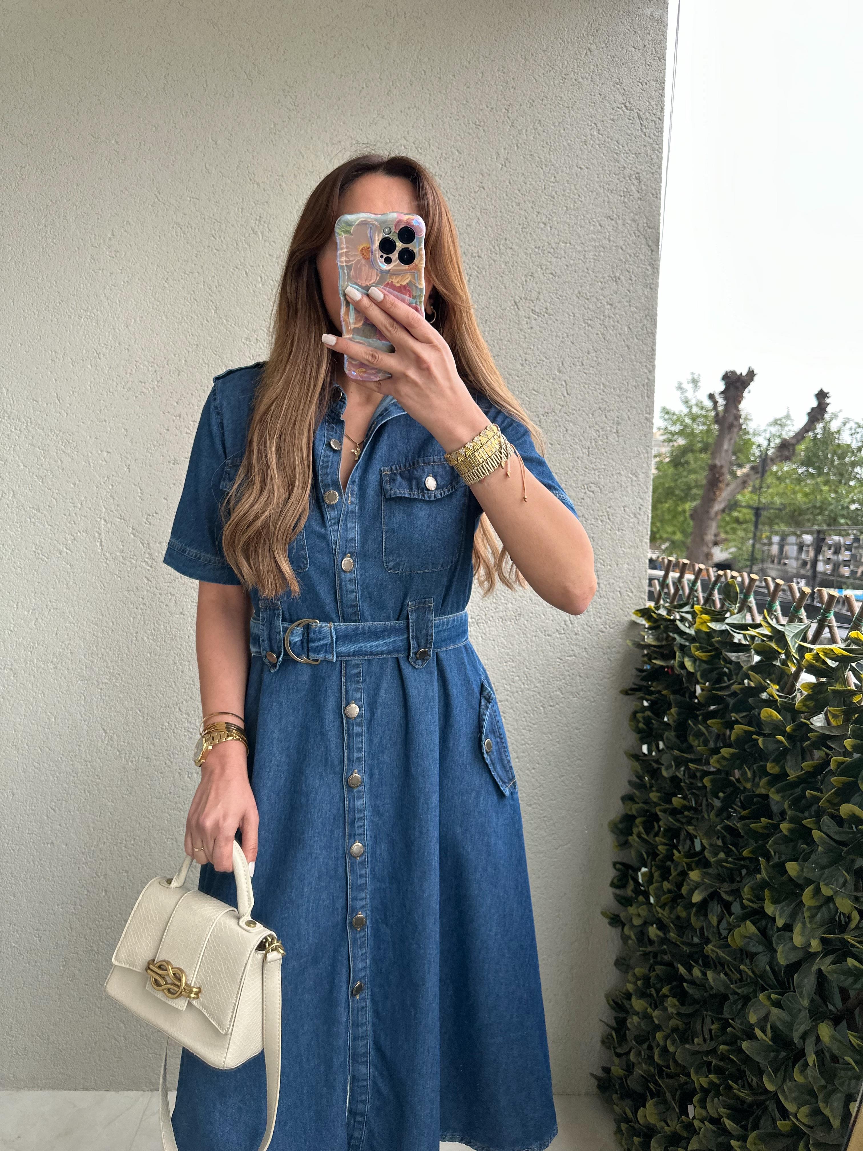 LACİVERT KEMER DETAYLI PREMIUM JEAN ELBİSE