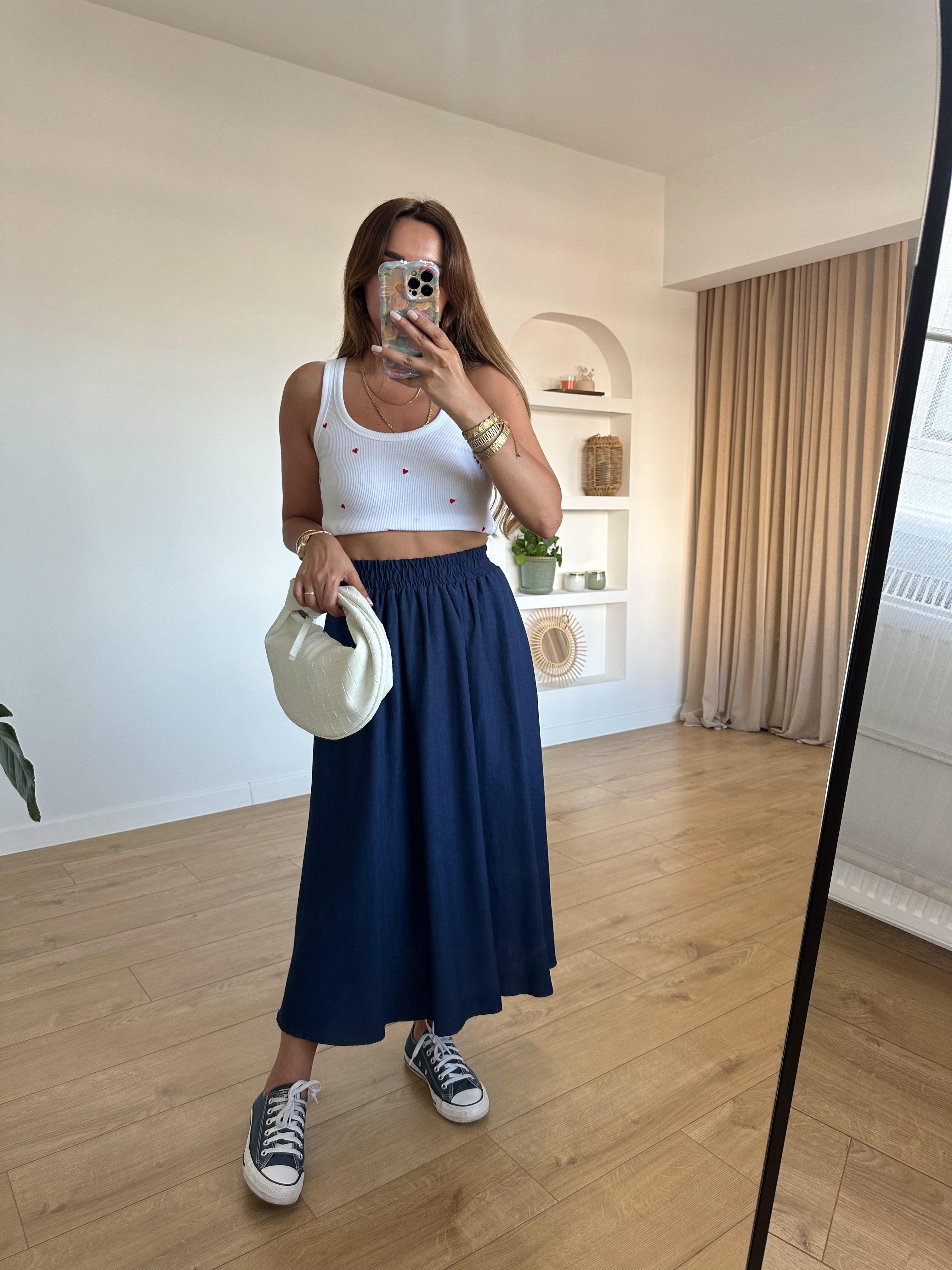 LACİVERT KETEN DOKULU CEPLİ ETEK 