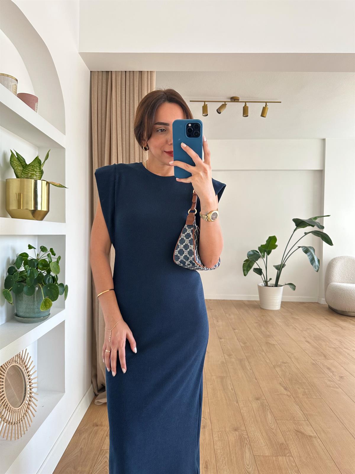LACİVERT OMUZ DETAYLI BASIC ELBİSE
