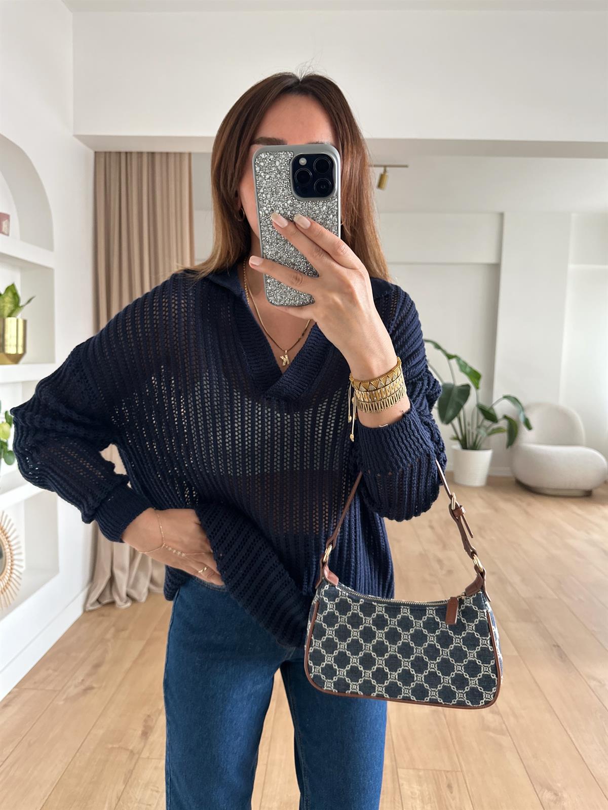 LACİVERT POLO YAKA UZUN AJURLU TRİKO