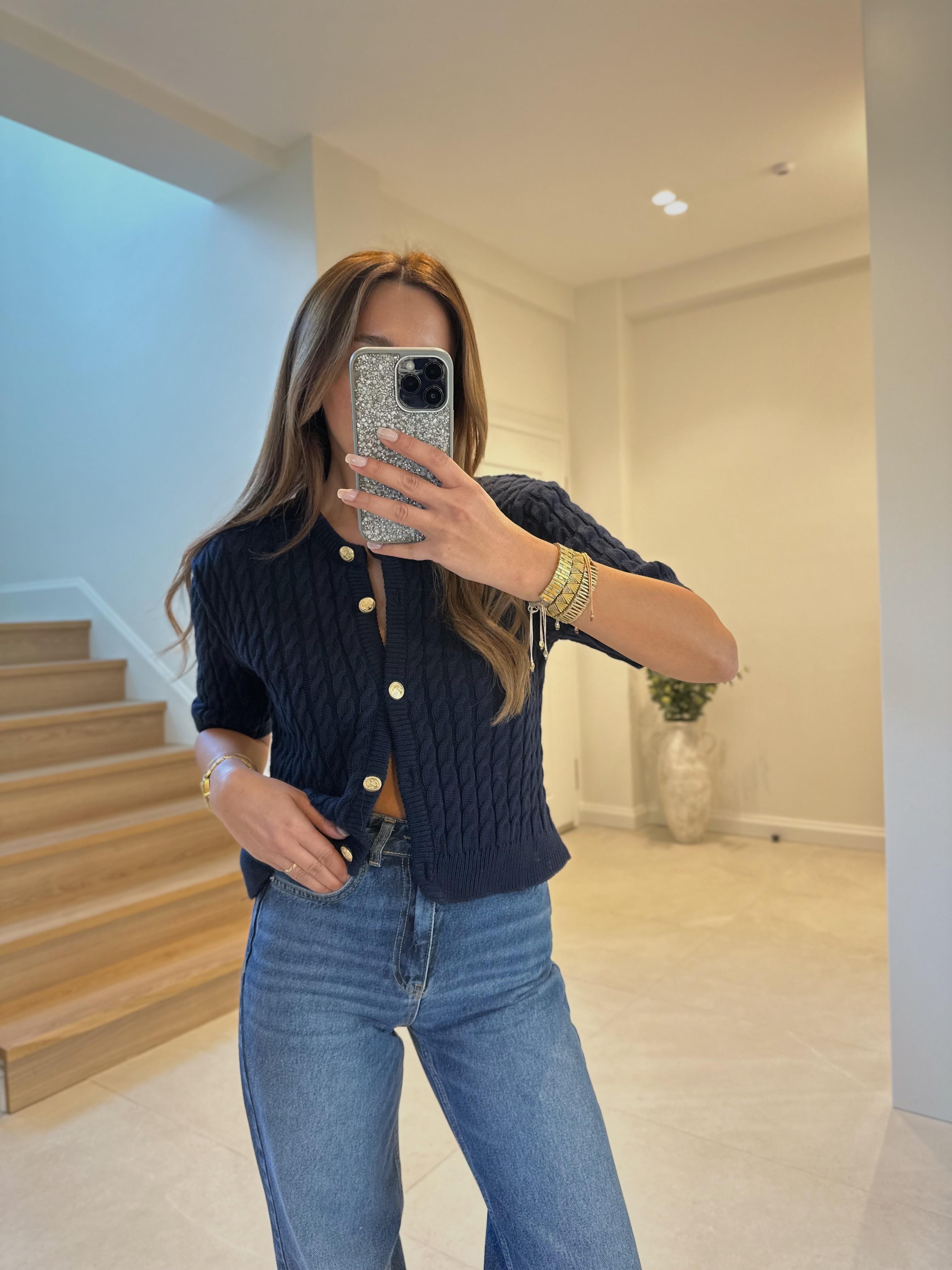 Lacivert Saç Örgülü Gold Düğmeli Triko Hırka