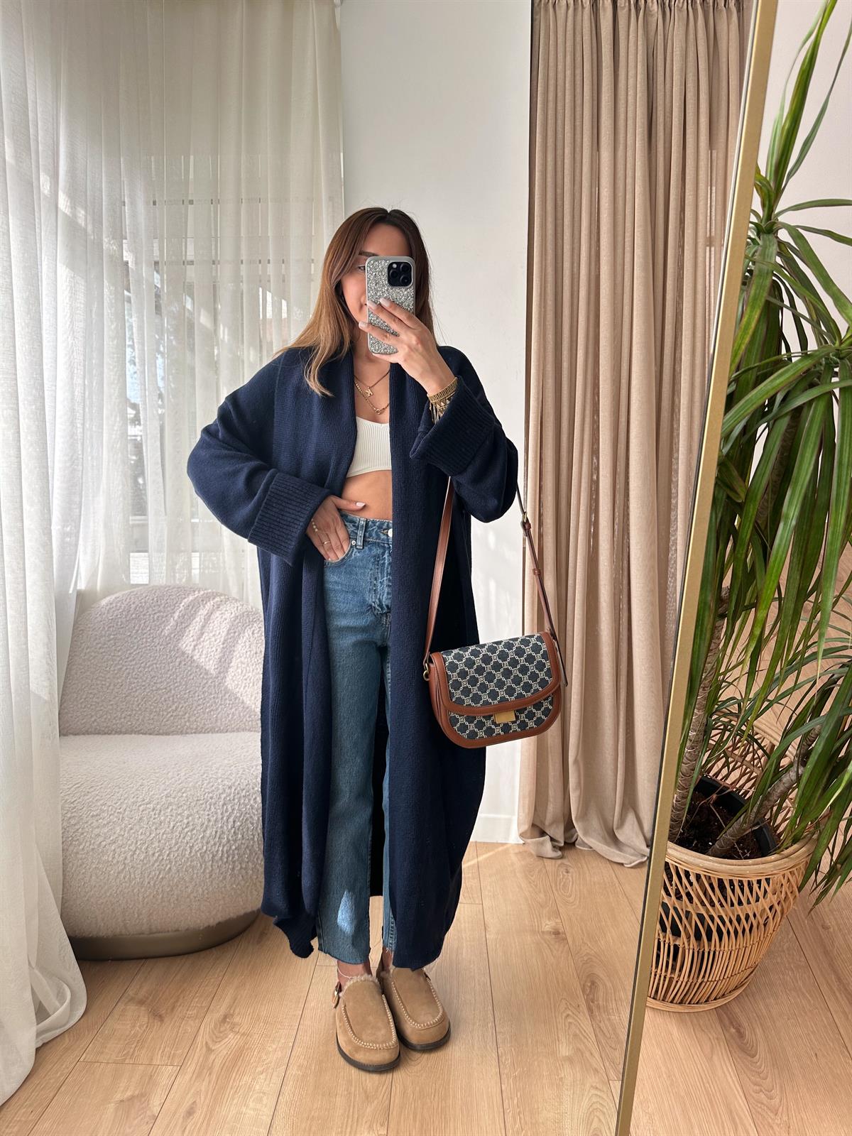LACİVERT ŞAL YAKA OVERSIZE UZUN HIRKA