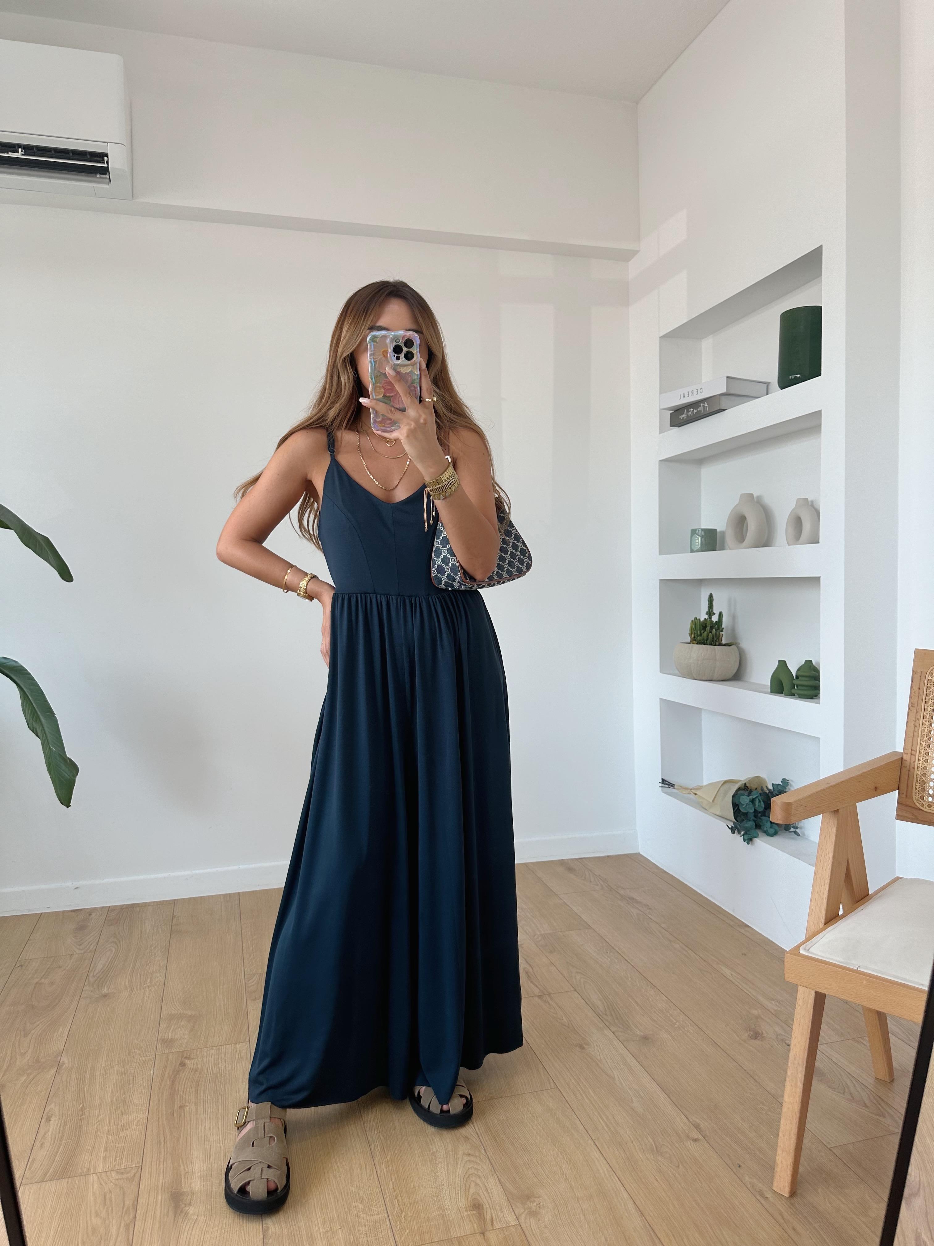 Lacivert Sırt Detaylı Askılı Modal Tulum 
