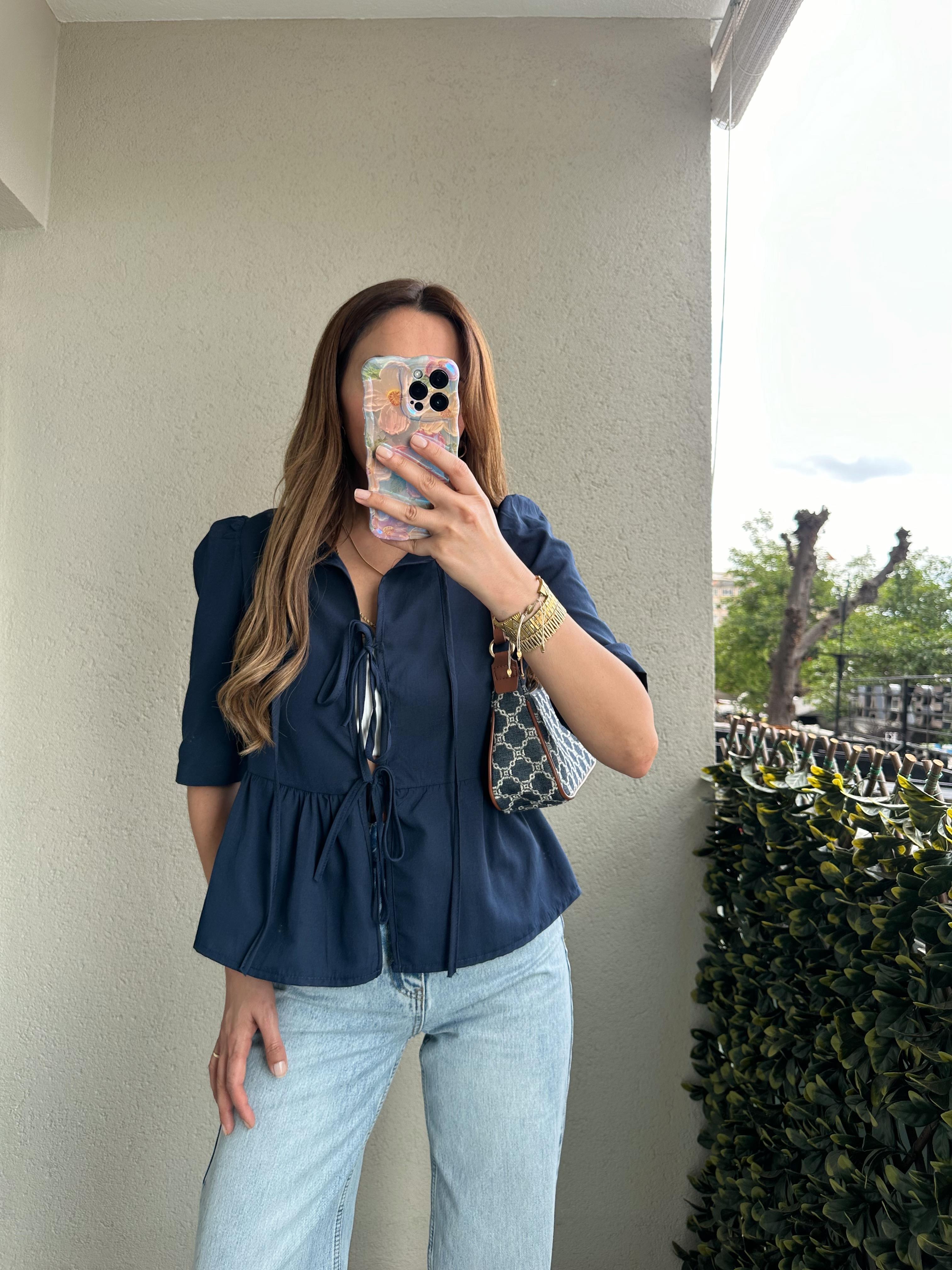 LEO LACİVERT BAĞLAMALI GÖMLEK BLUZ