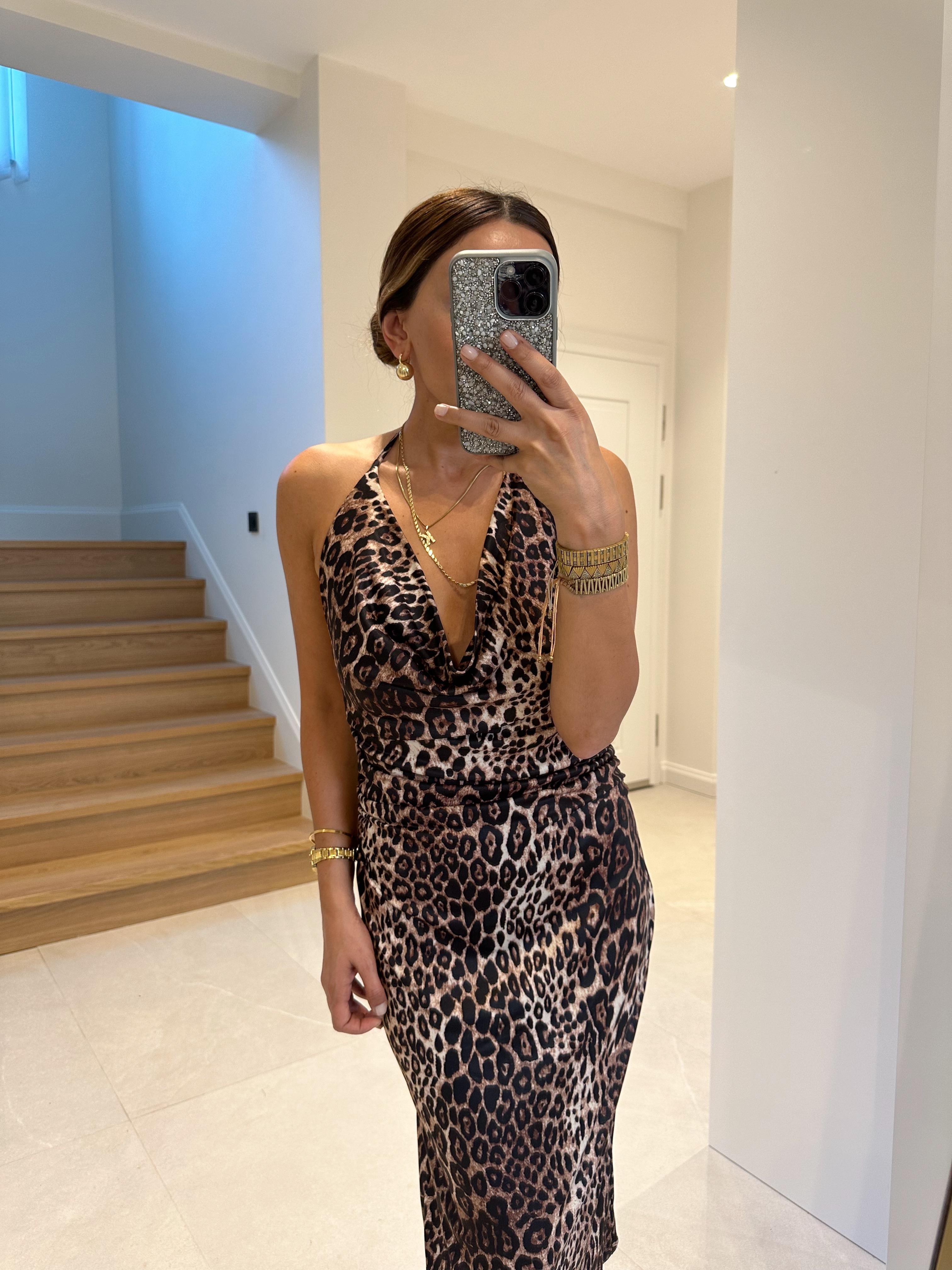 Leopar Askılı Degaje Yaka Sırtı Açık Elbise