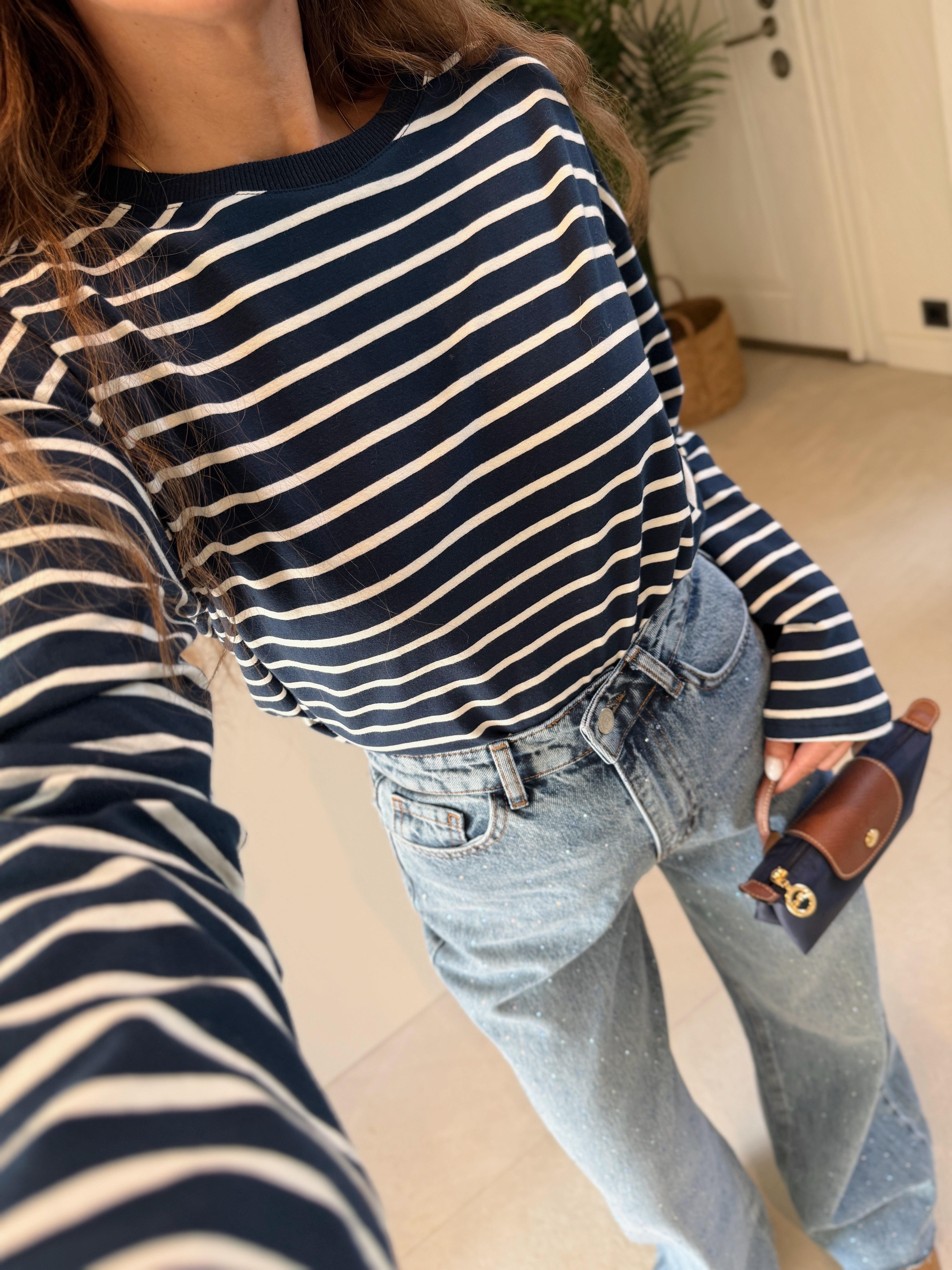 Low 0193 Beyaz Çizgili Uzun Kol Sweatshirt