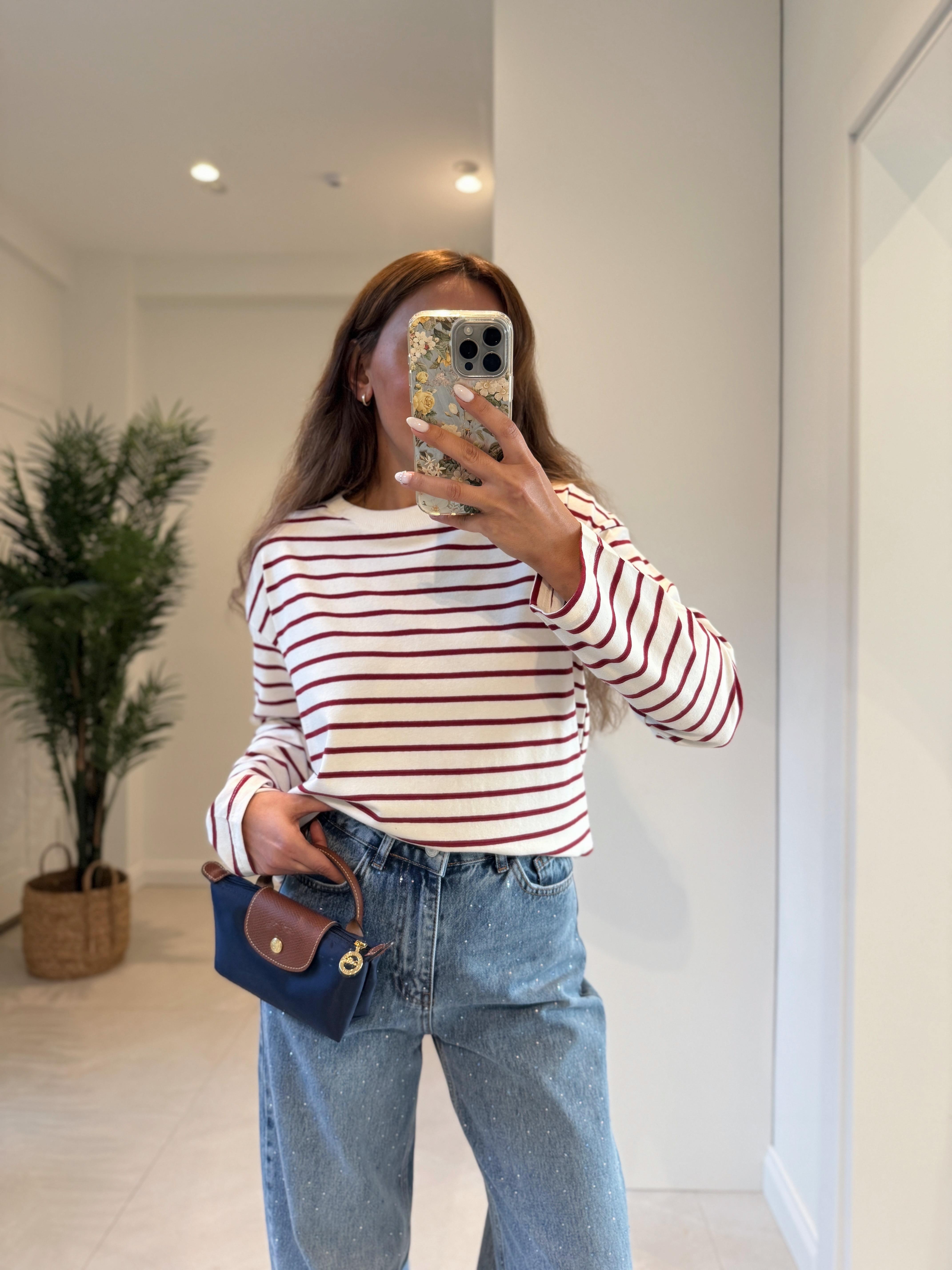 Low 0193 Bordo Çizgili Uzun Kol Sweatshirt