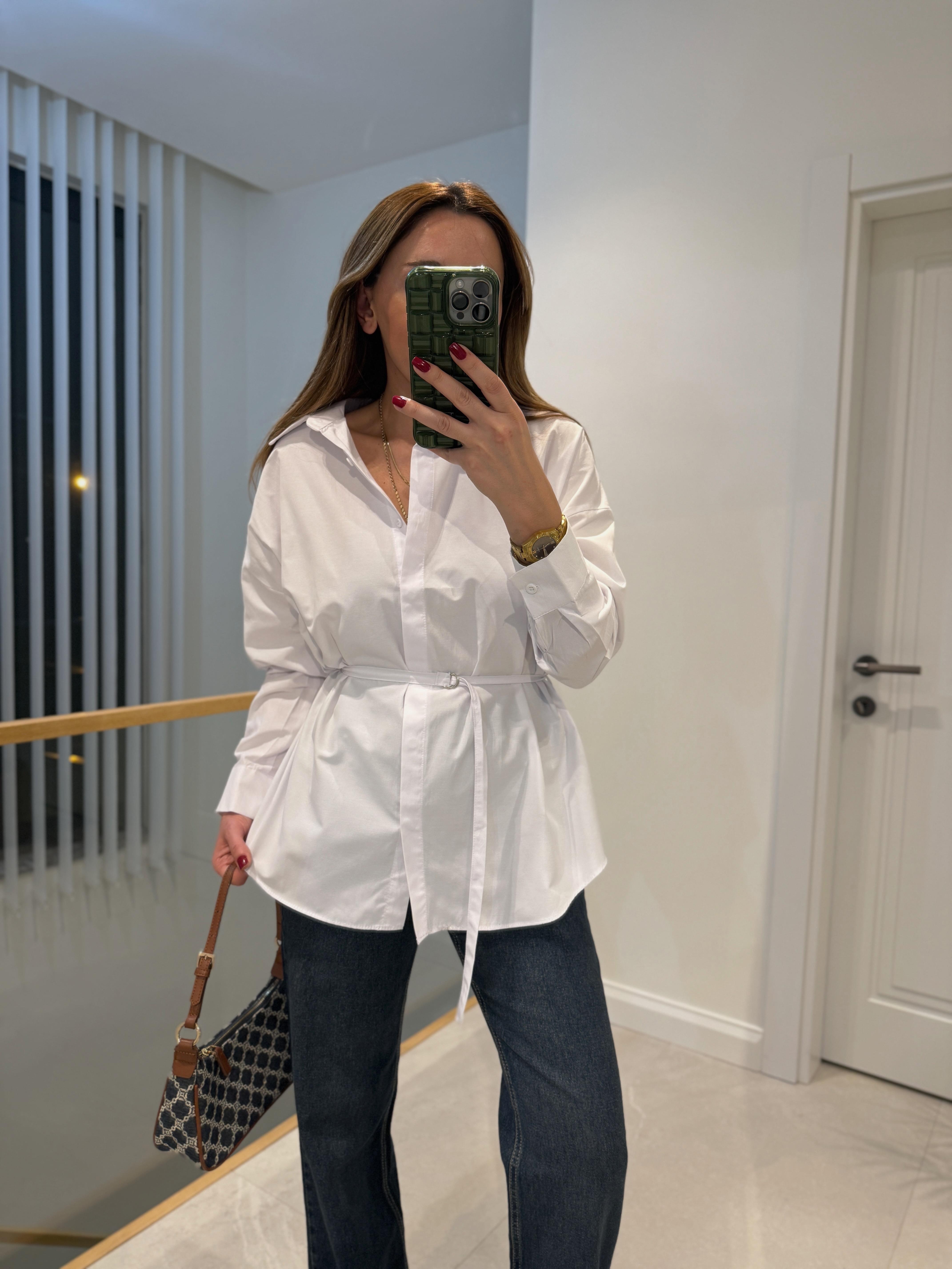 Low 0350 Kemerli Poplin Beyaz Gömlek