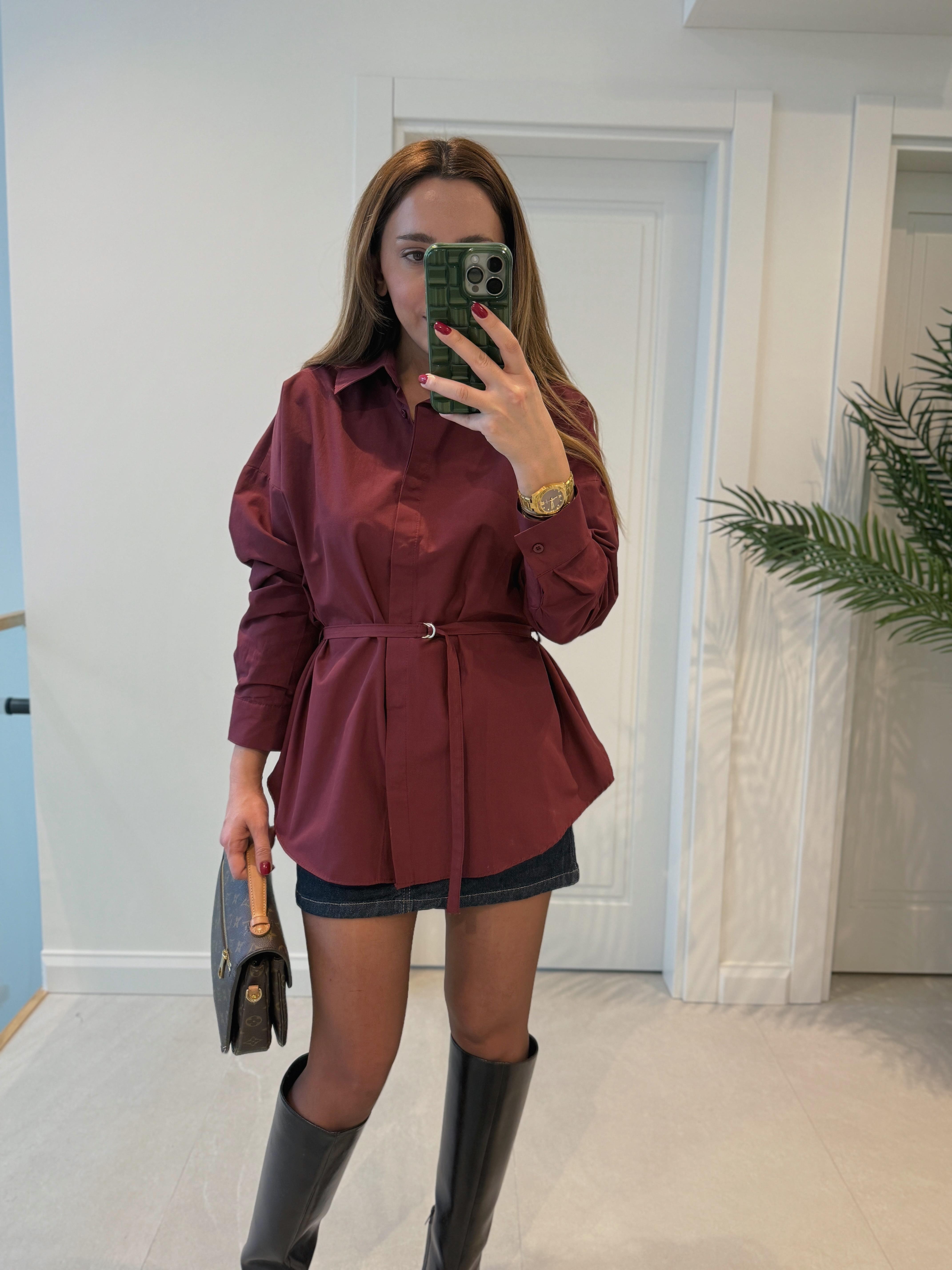 Low 0350 Kemerli Poplin Bordo Gömlek