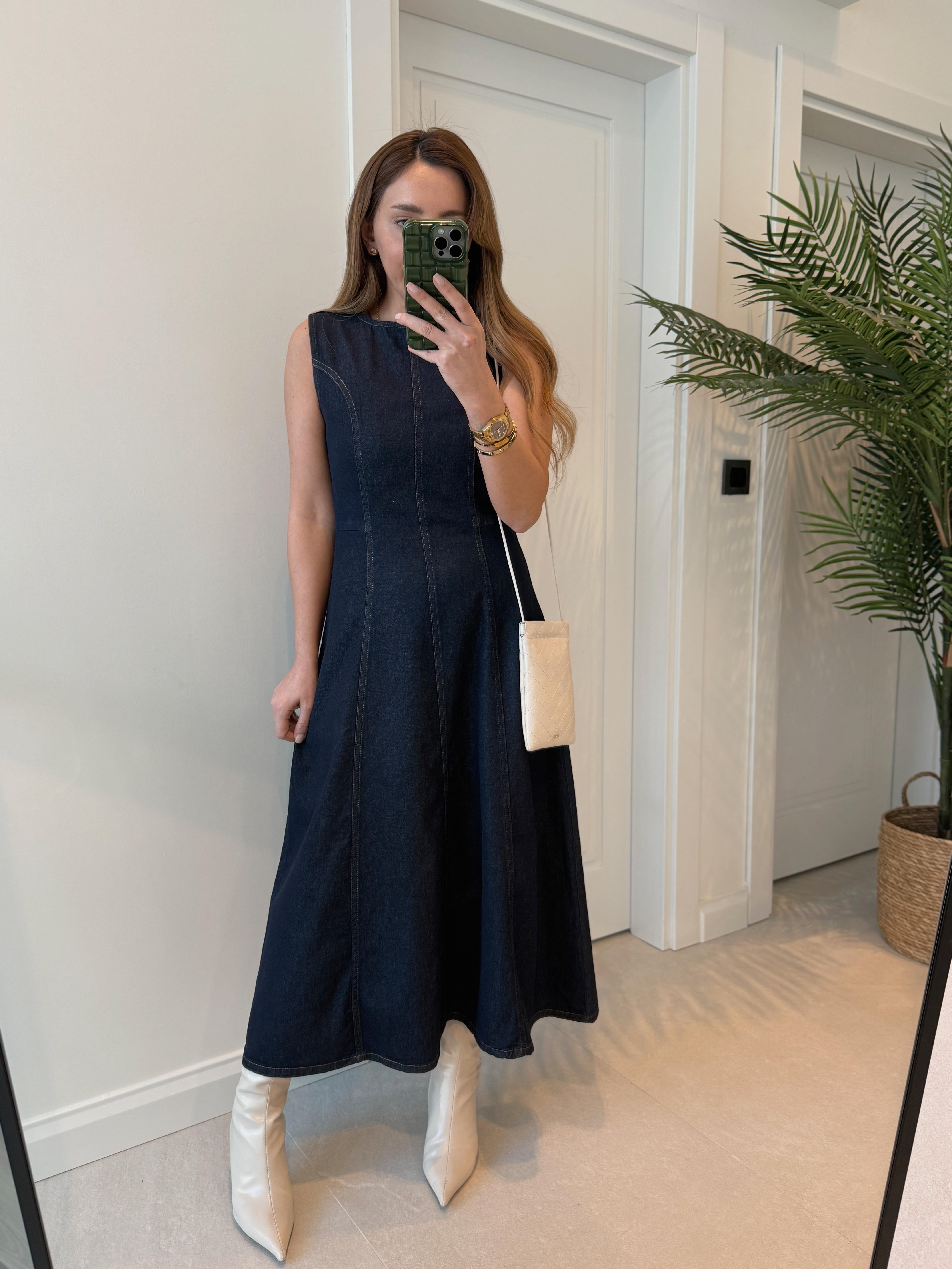 Low 0388 Denim Kolsuz Uzun Elbise