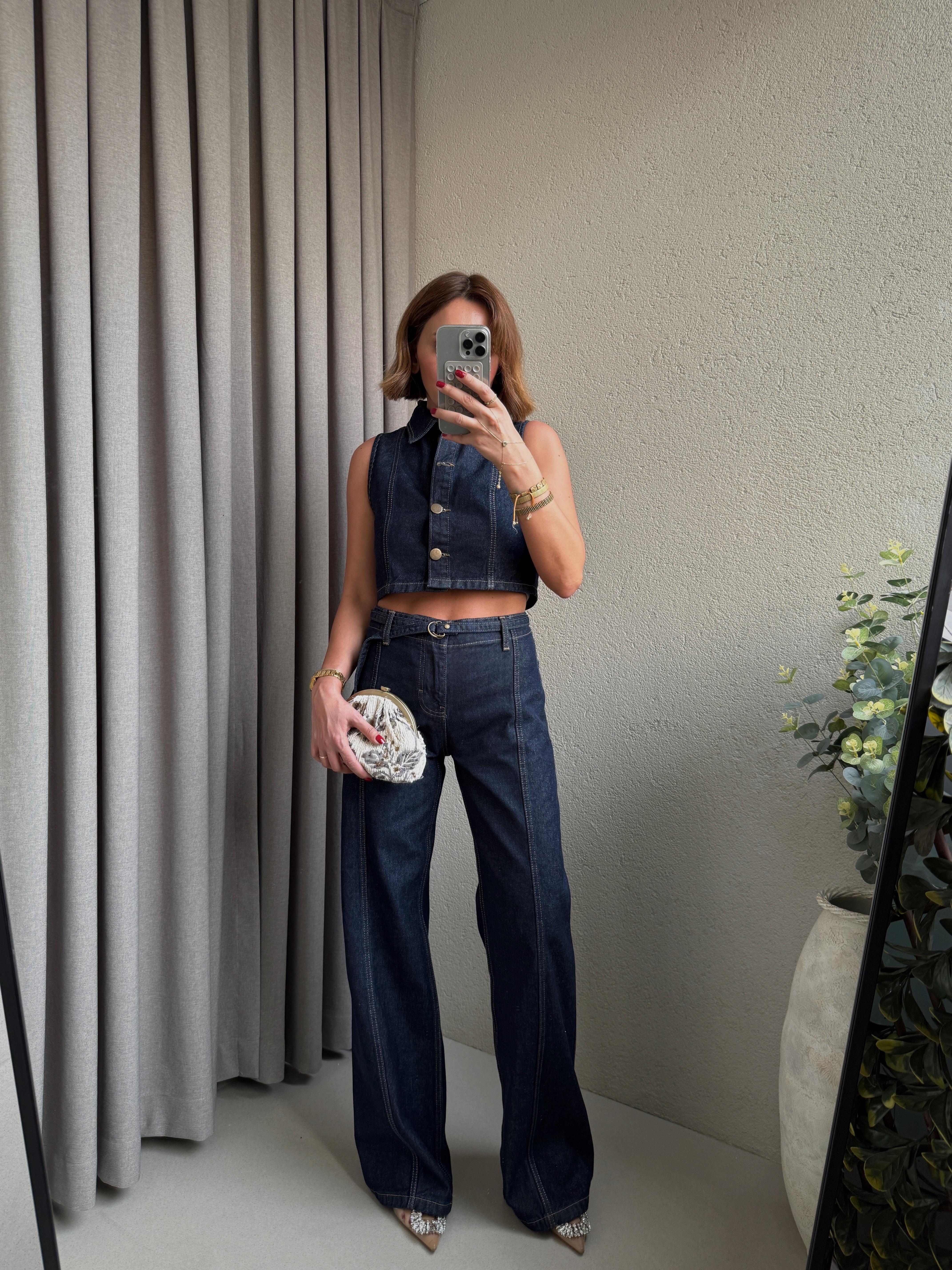 Low 0392 Önü Çimalı Denim Pantolon Yelek Takım
