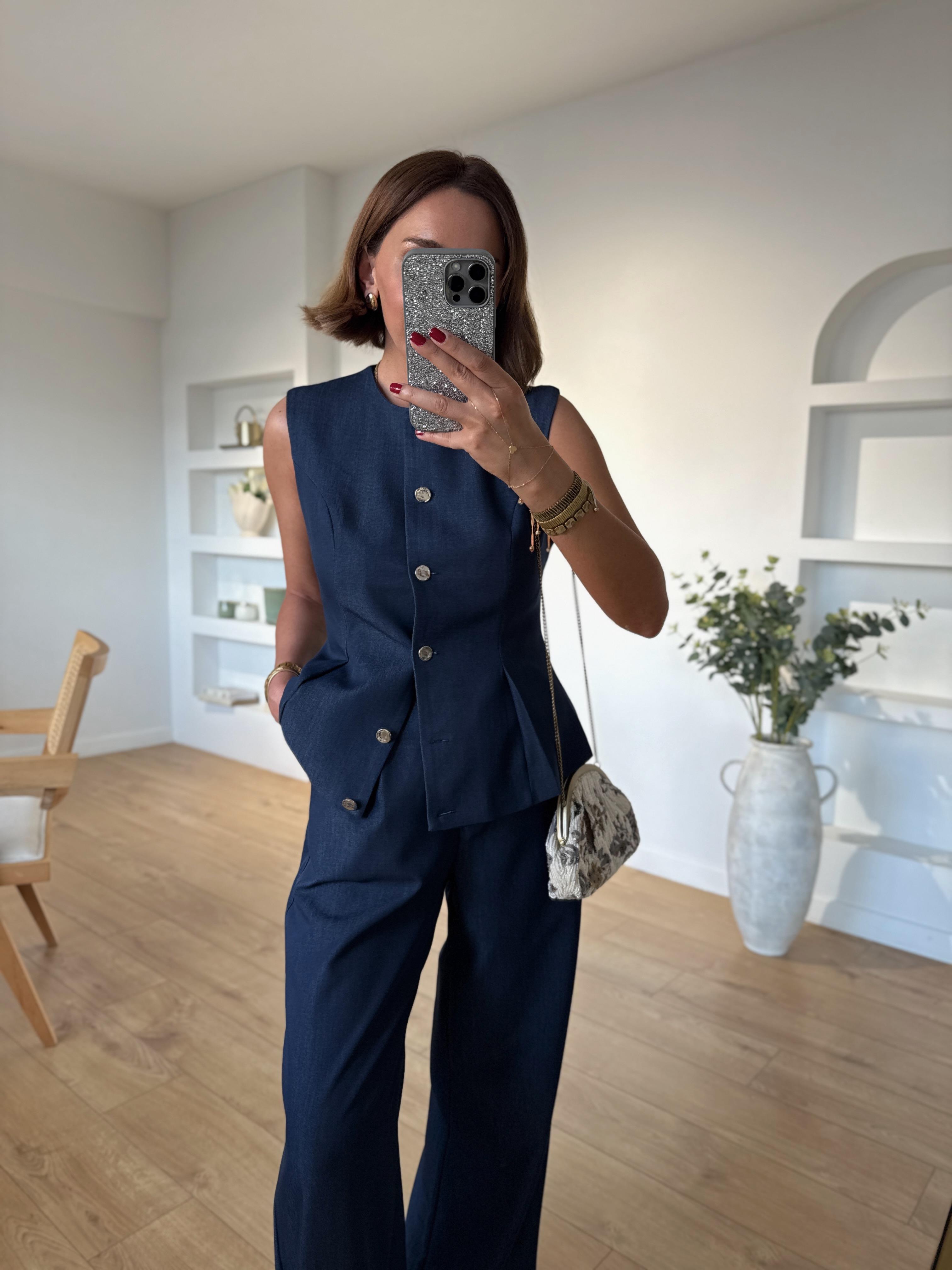Low 0427 Yelekli Tensel Kumaş İndigo Takım