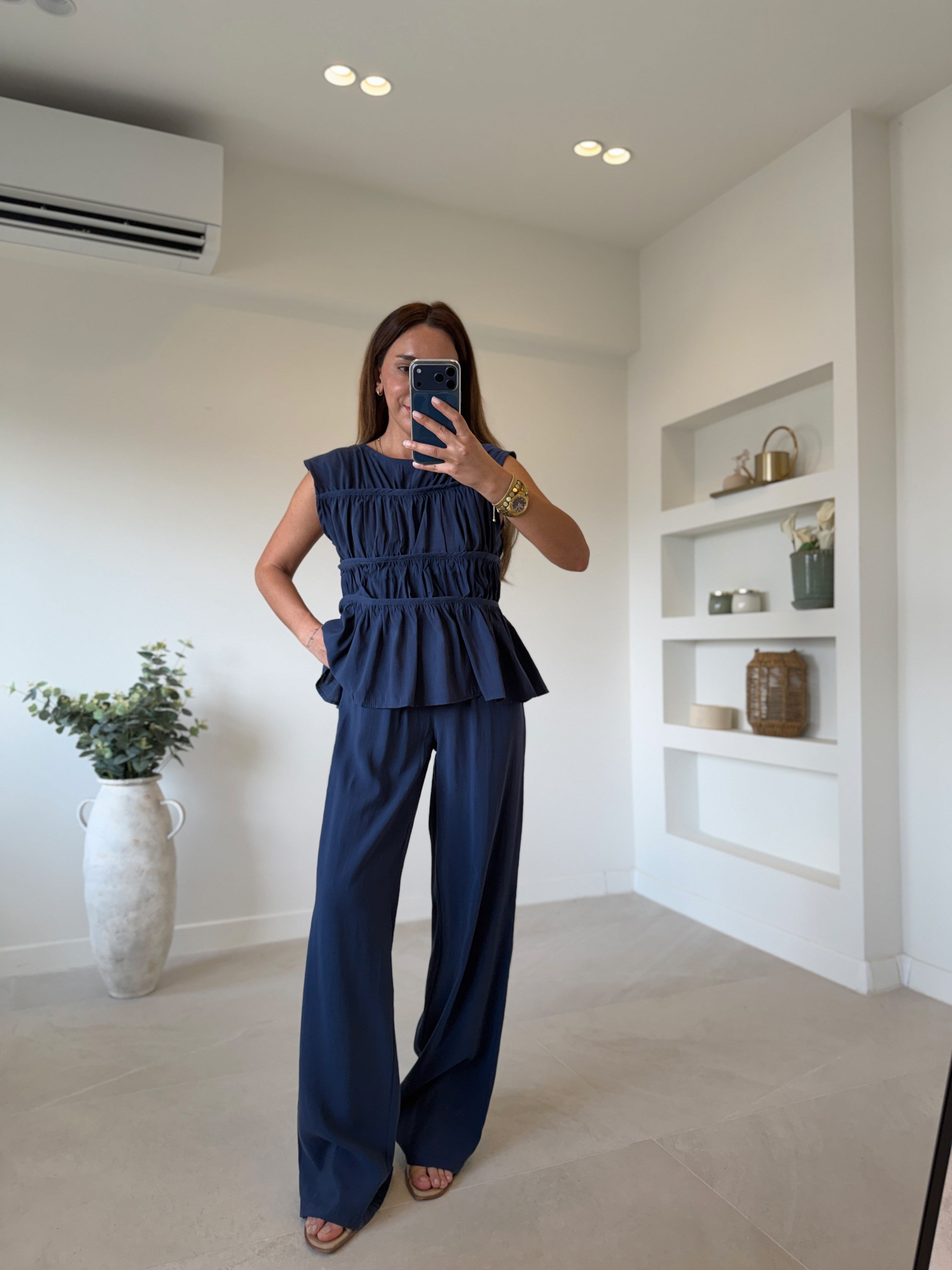 Low 0483 Tensel Nervürlü Lacivert Bluz Pantolon Takım
