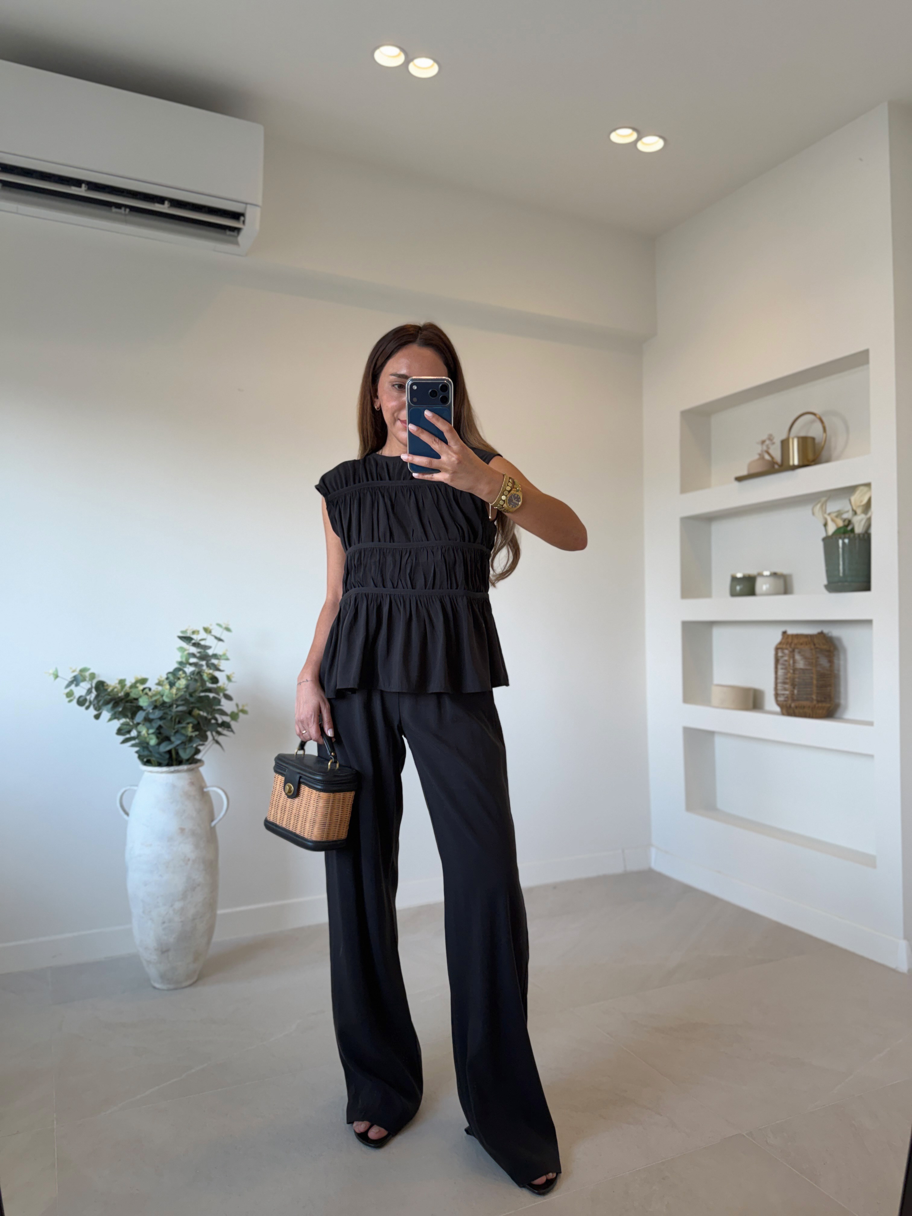 Low 0483 Tensel Nervürlü Siyah Bluz Pantolon Takım