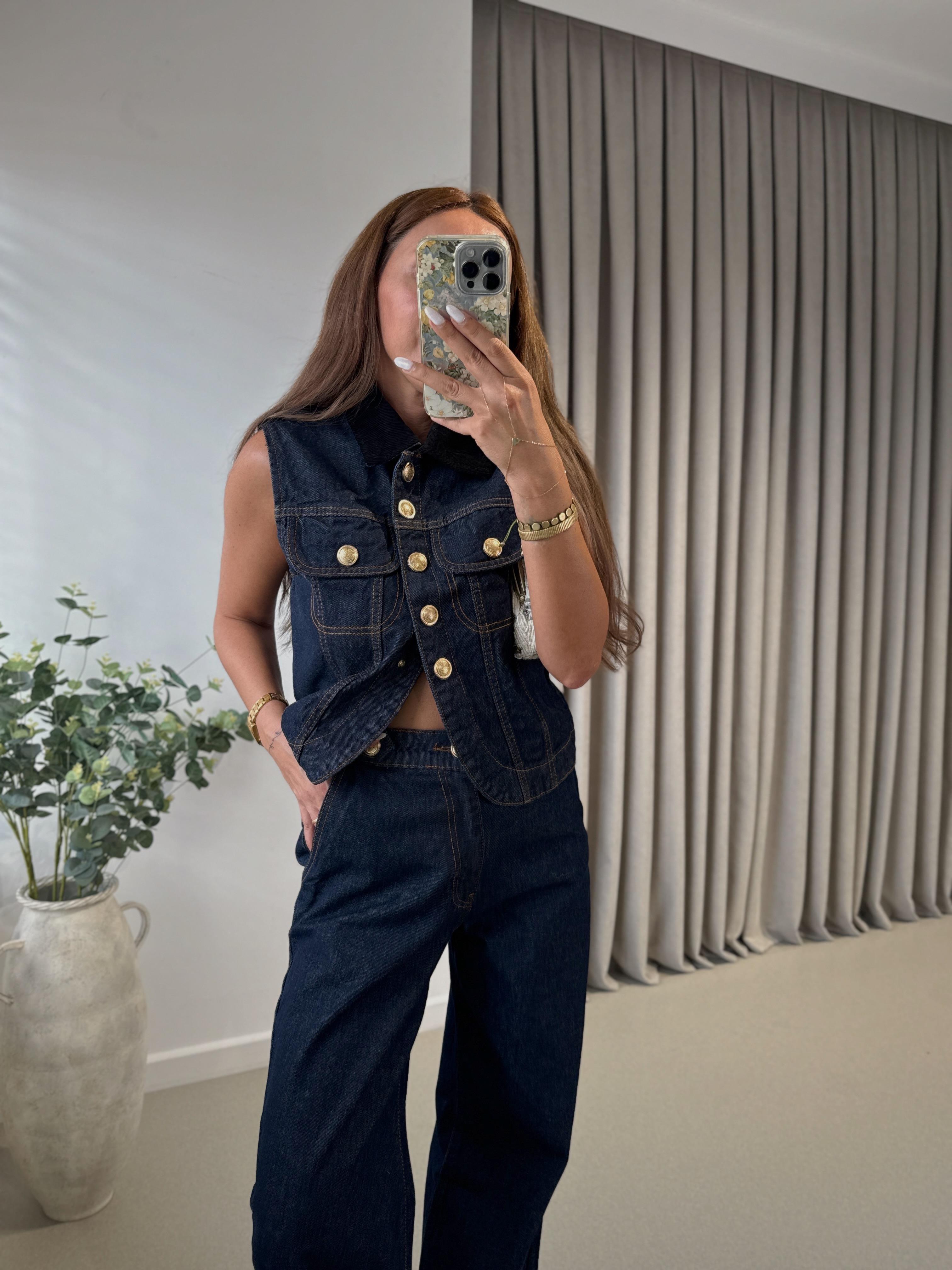 Low 0558 Denim Kadife Yaka Ceket Pantolon Takım
