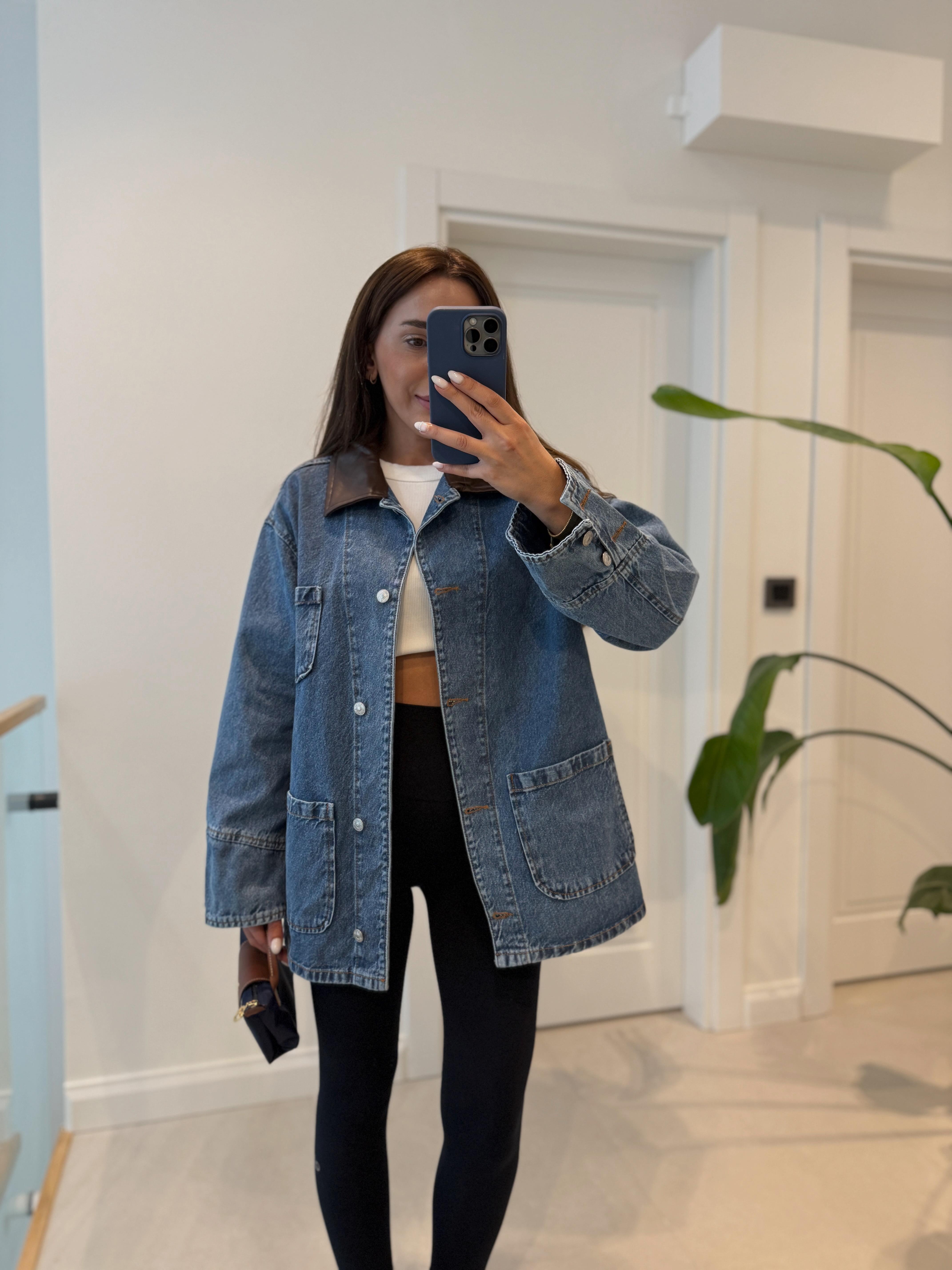Low 0570 Yakası Deri Mavi Denim Ceket