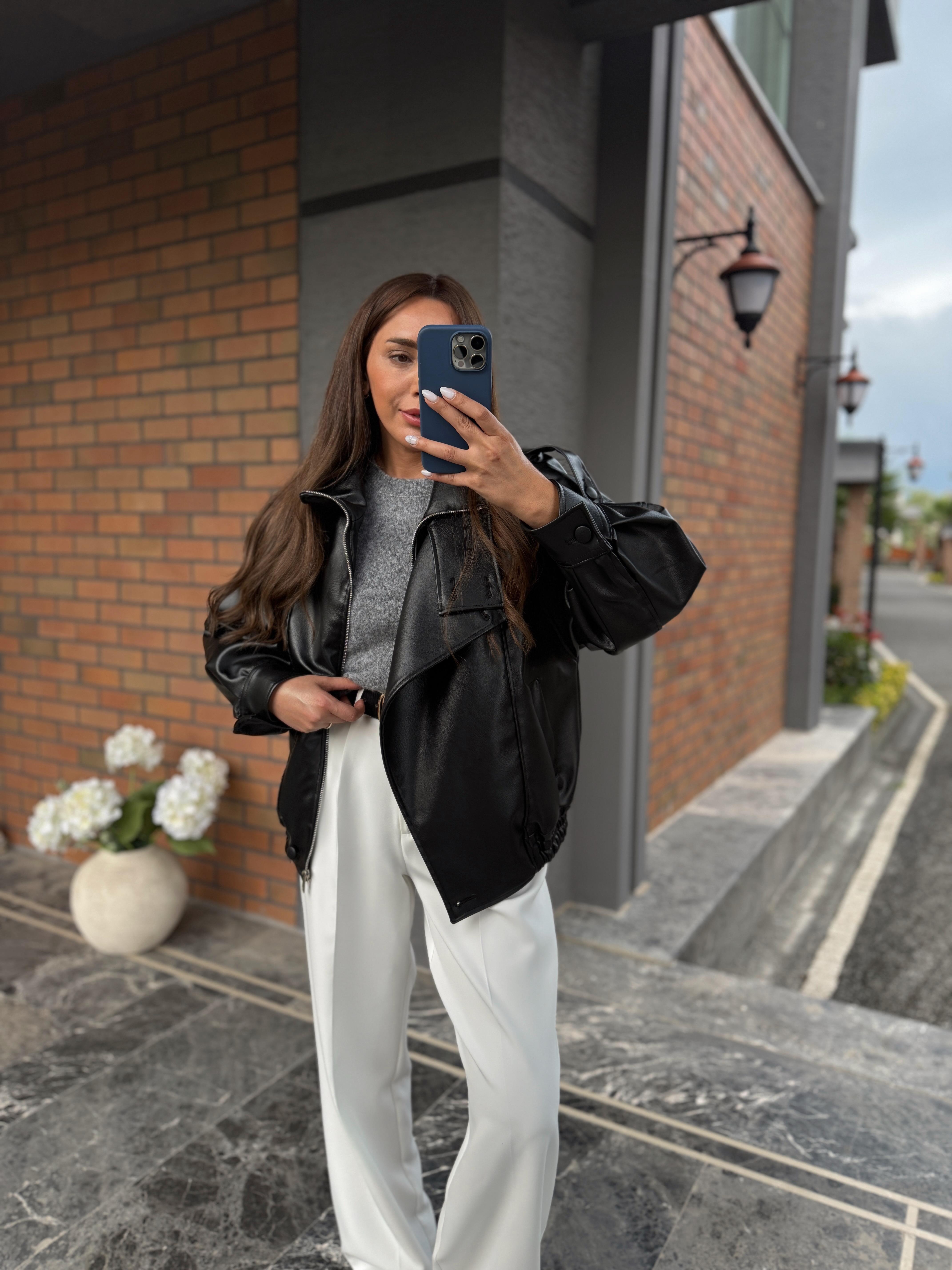 Low 0579 Dik Yaka Bomber Deri Ceket