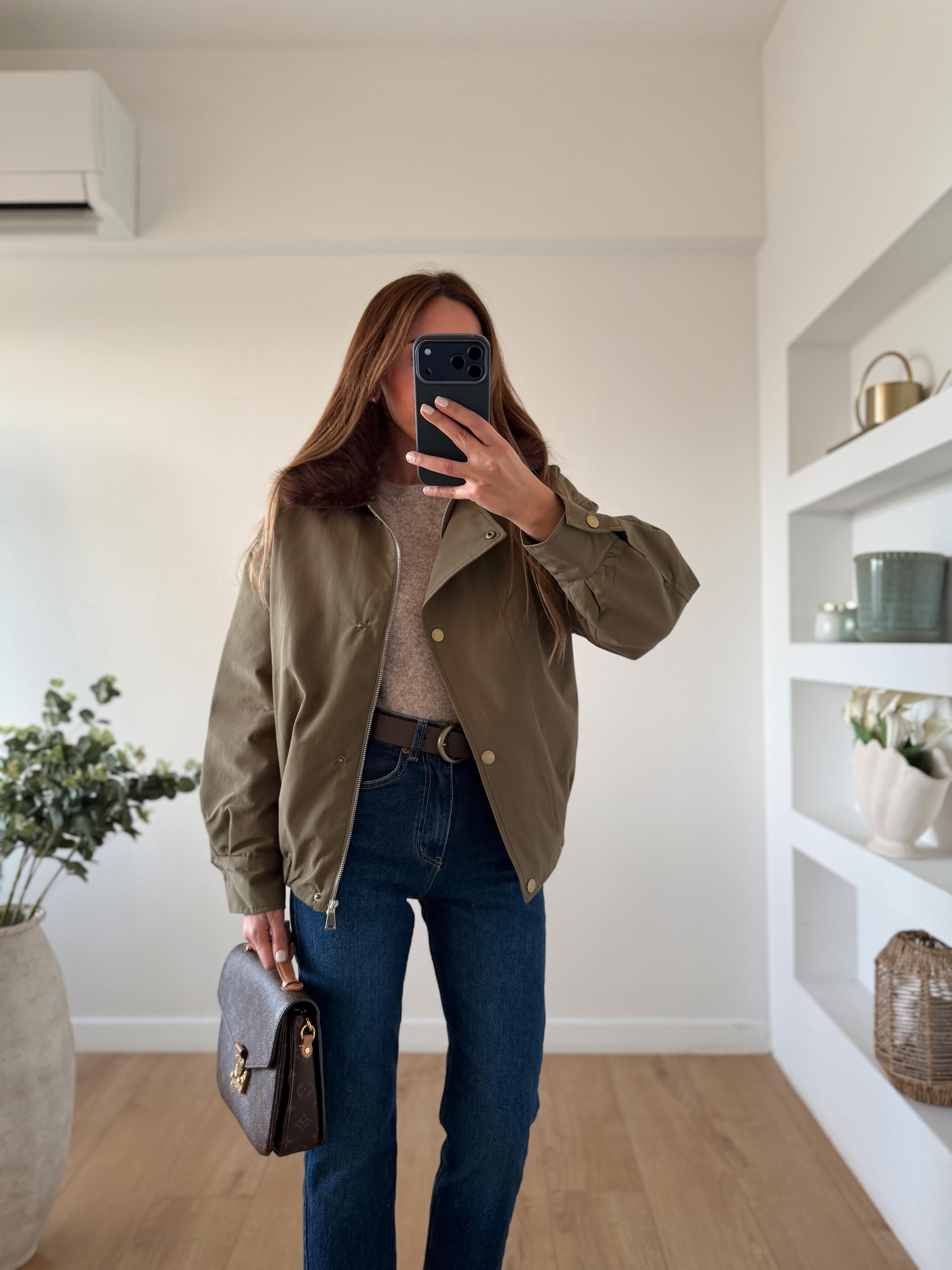 Low 0641 Yakası Kürk Haki Bomber Mont
