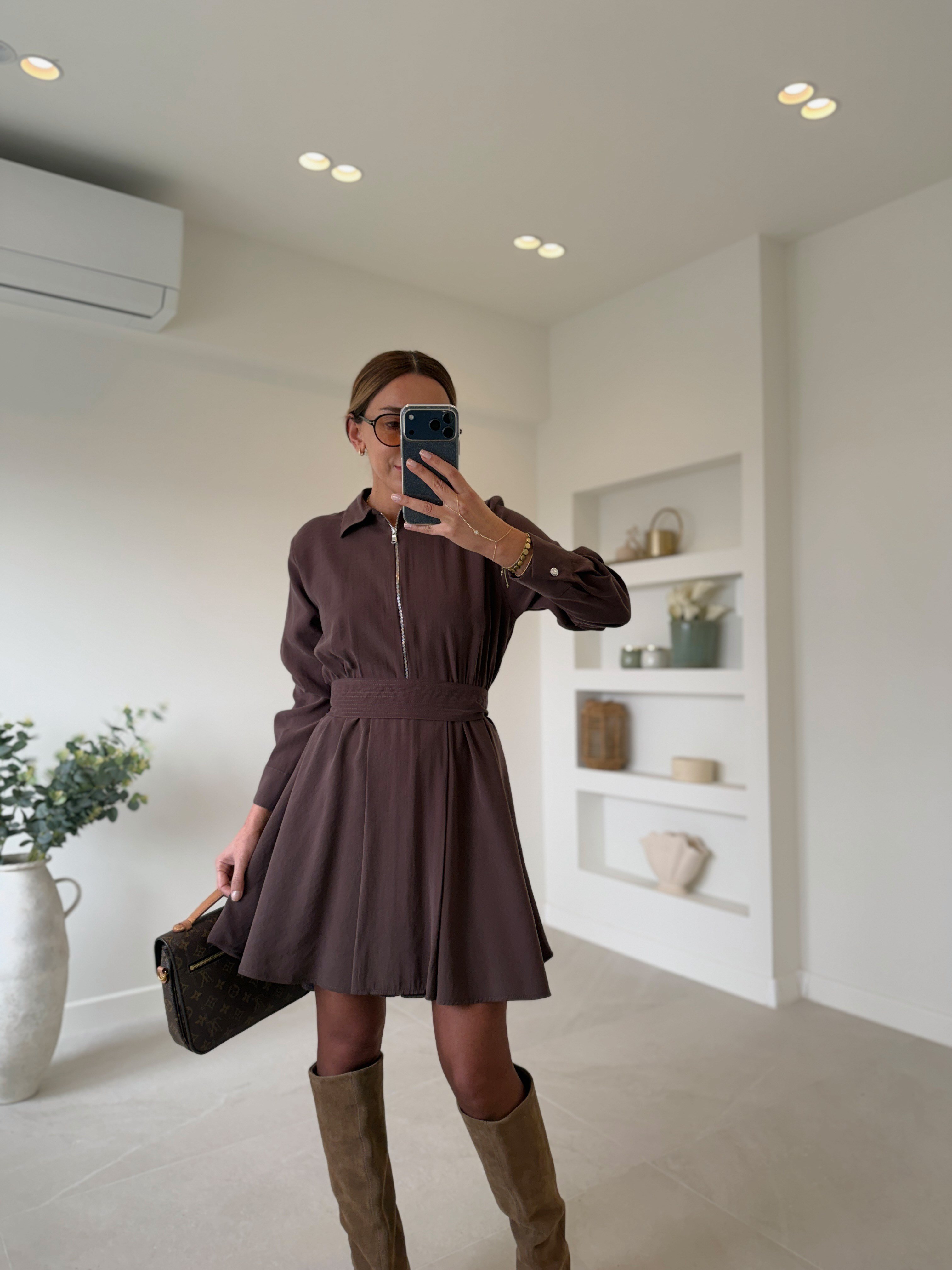 Low 0800 Fermuarlı Bağlamalı Kahve Elbise