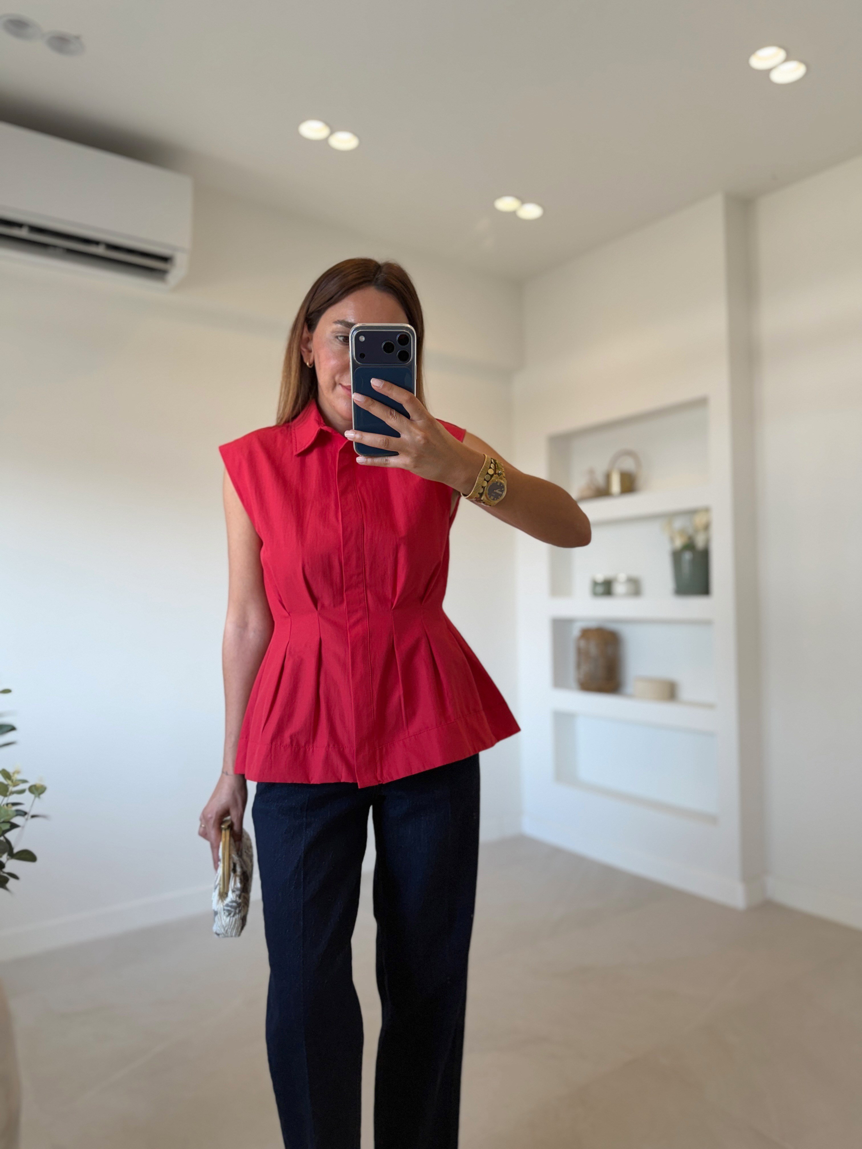 Low 3273 Pilili Kırmızı Kolsuz Gömlek