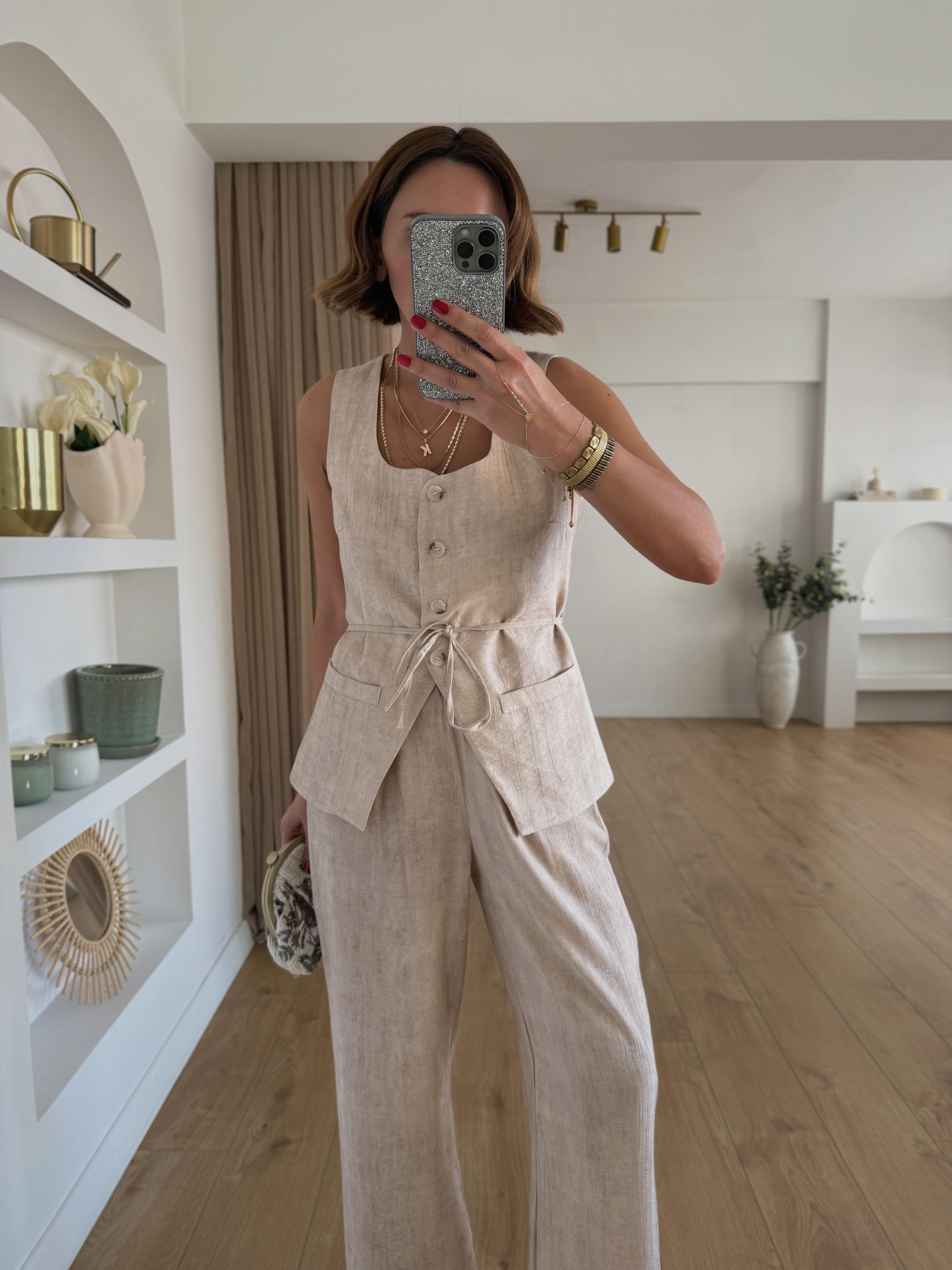 Low 7155 Kuşaklı Krem Yelek Pantolon Takım