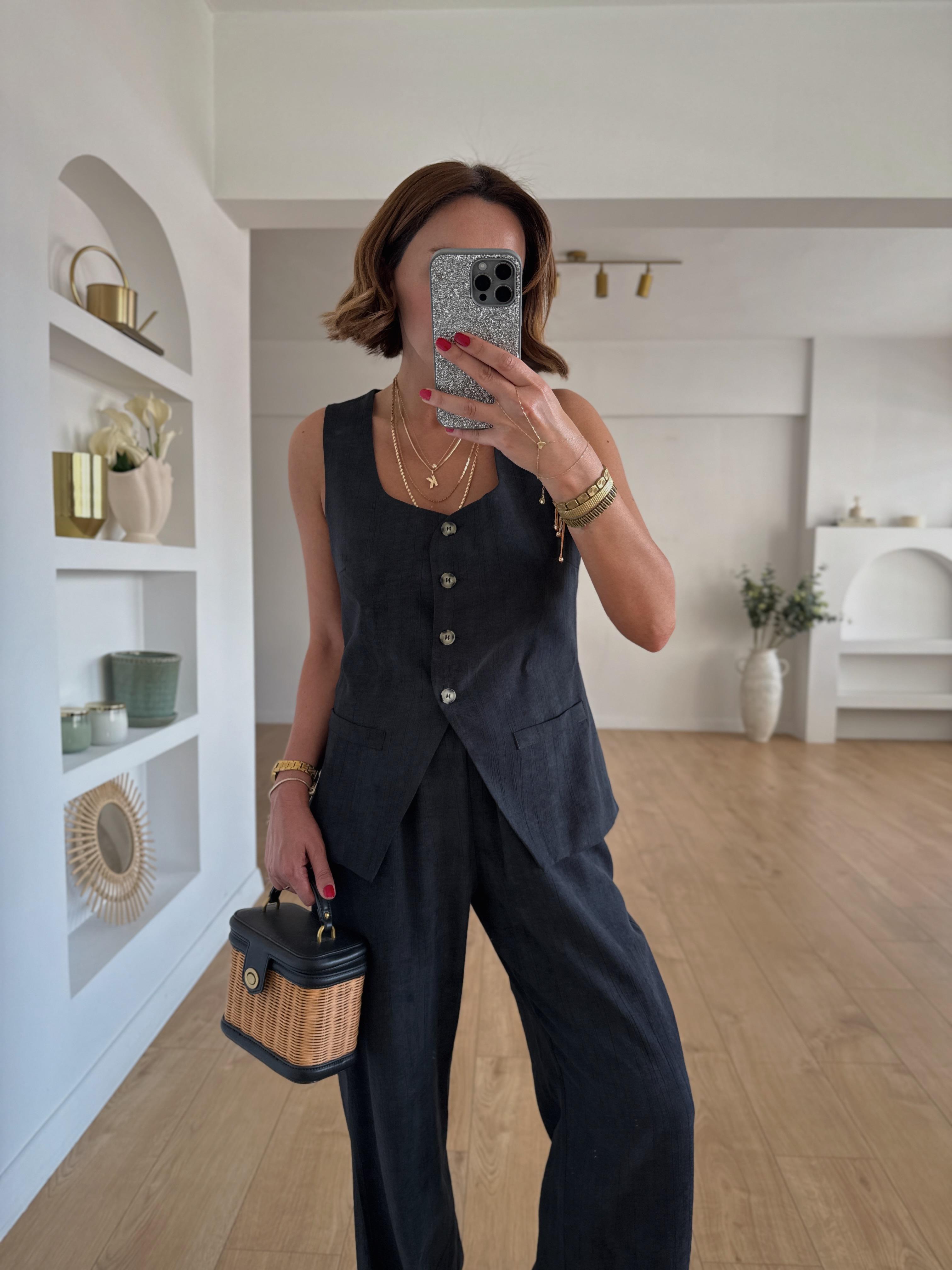 Low 7155 Kuşaklı Siyah Yelek Pantolon Takım