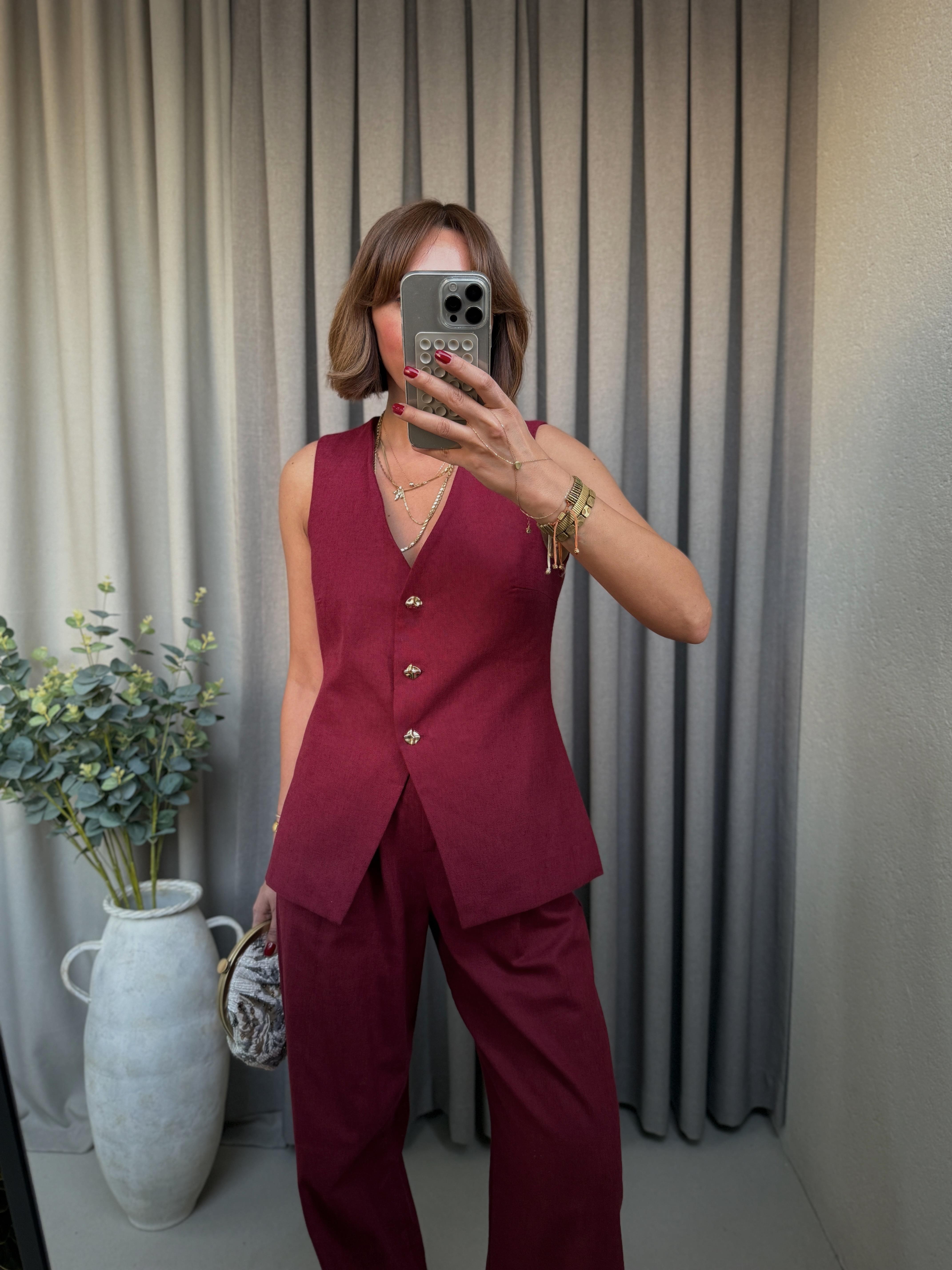Low 7214 Bordo Keten Yelek Pantolon Takım