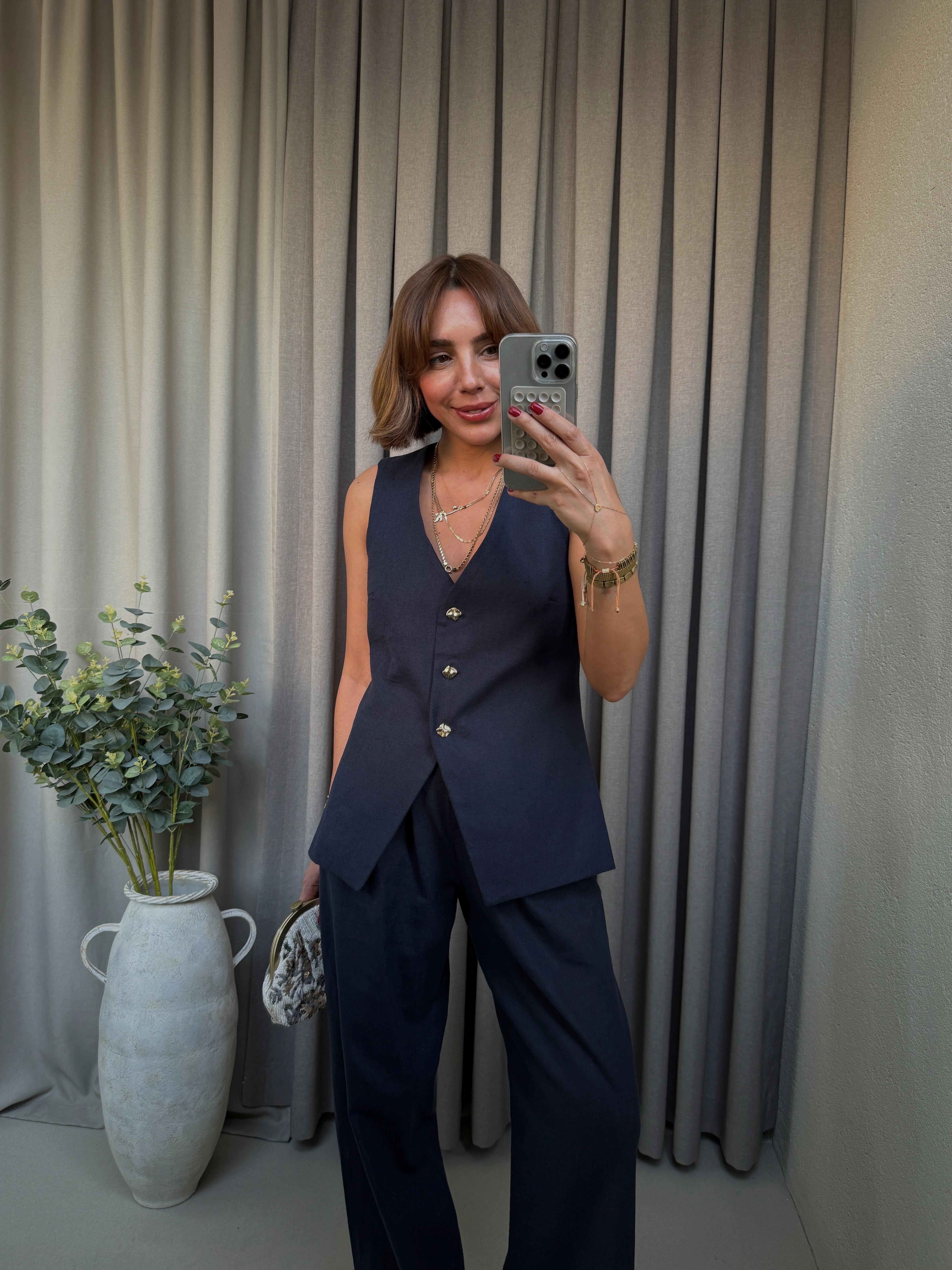 Low 7214 Lacivert Keten Yelek Pantolon Takım