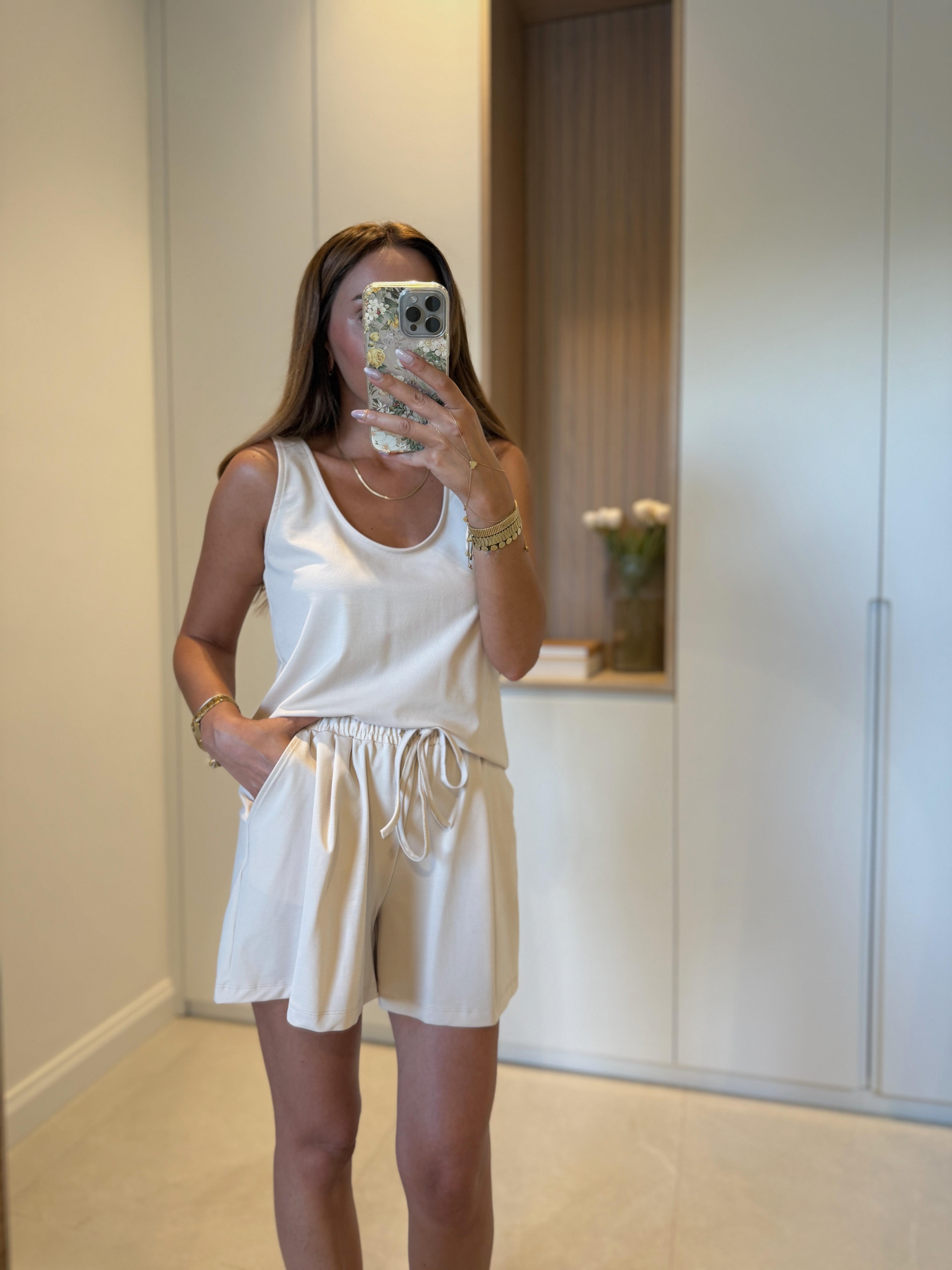 Low 7248 Bej Modal Bluz Şort Takım