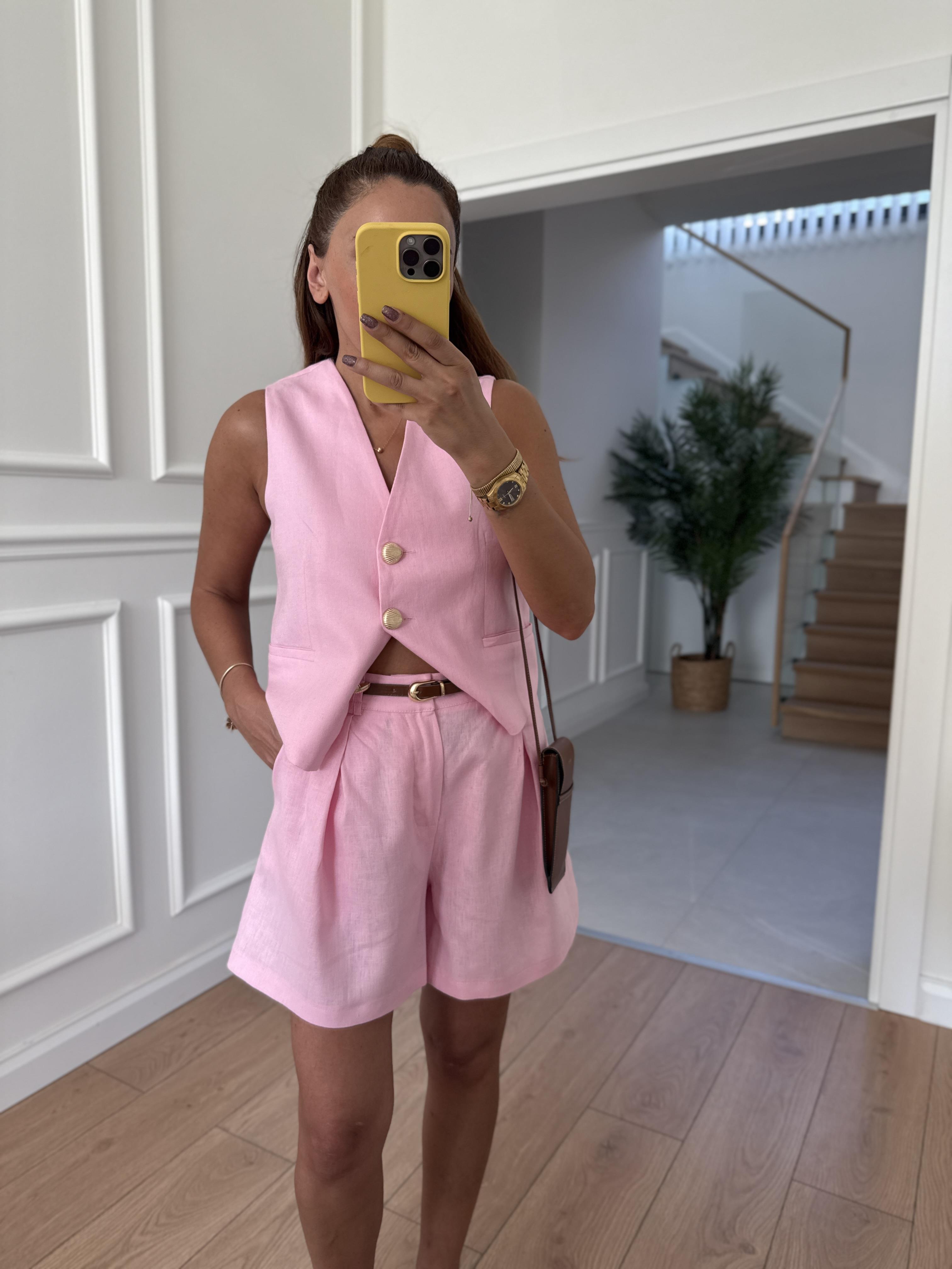 Low 7258 Tasarım Düğmeli Keten Karışım Pembe Şort Yelek Takım
