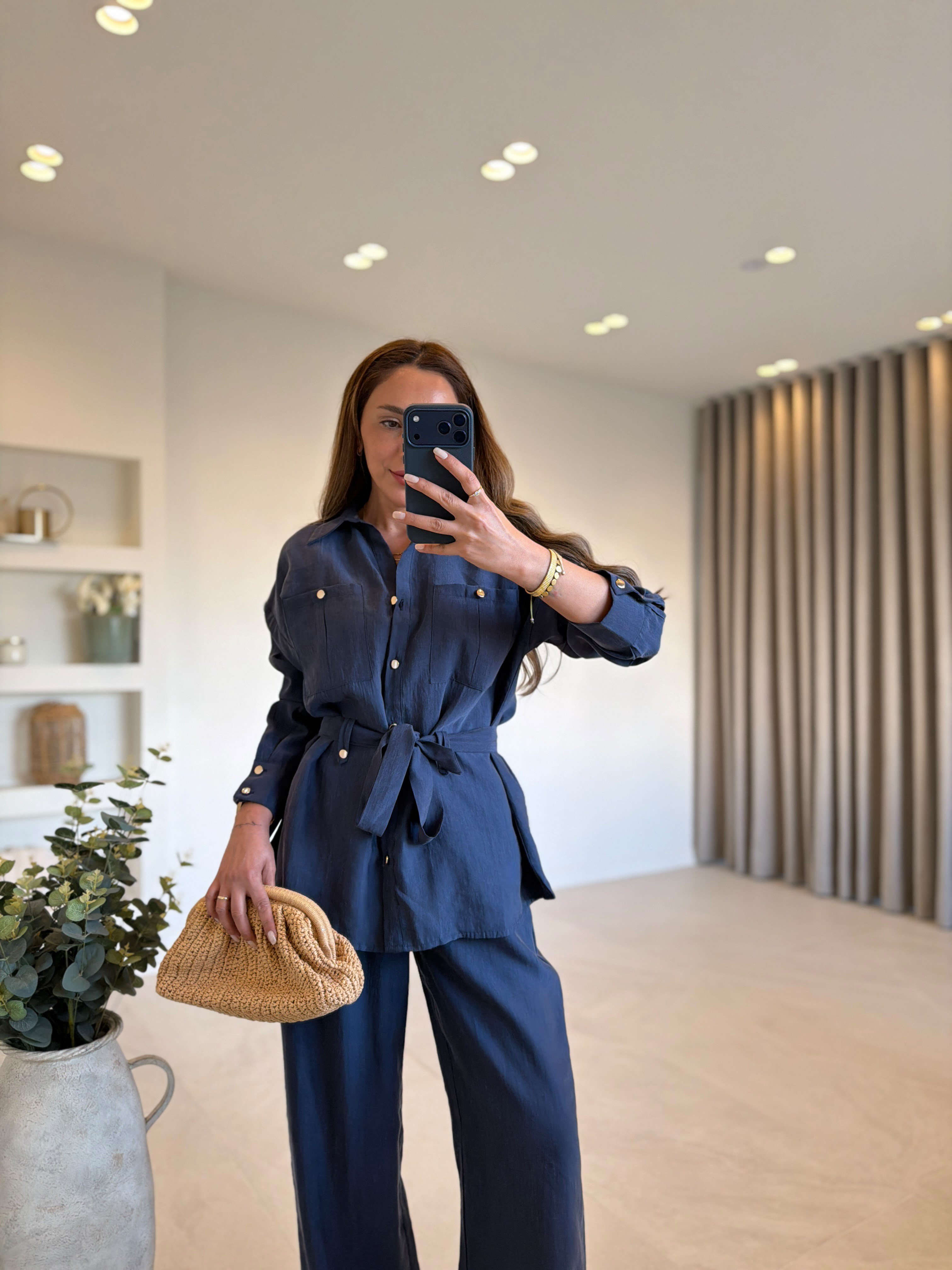Low 7313 Bağlamalı Lacivert Tensel Gömlek Pantolon Takım