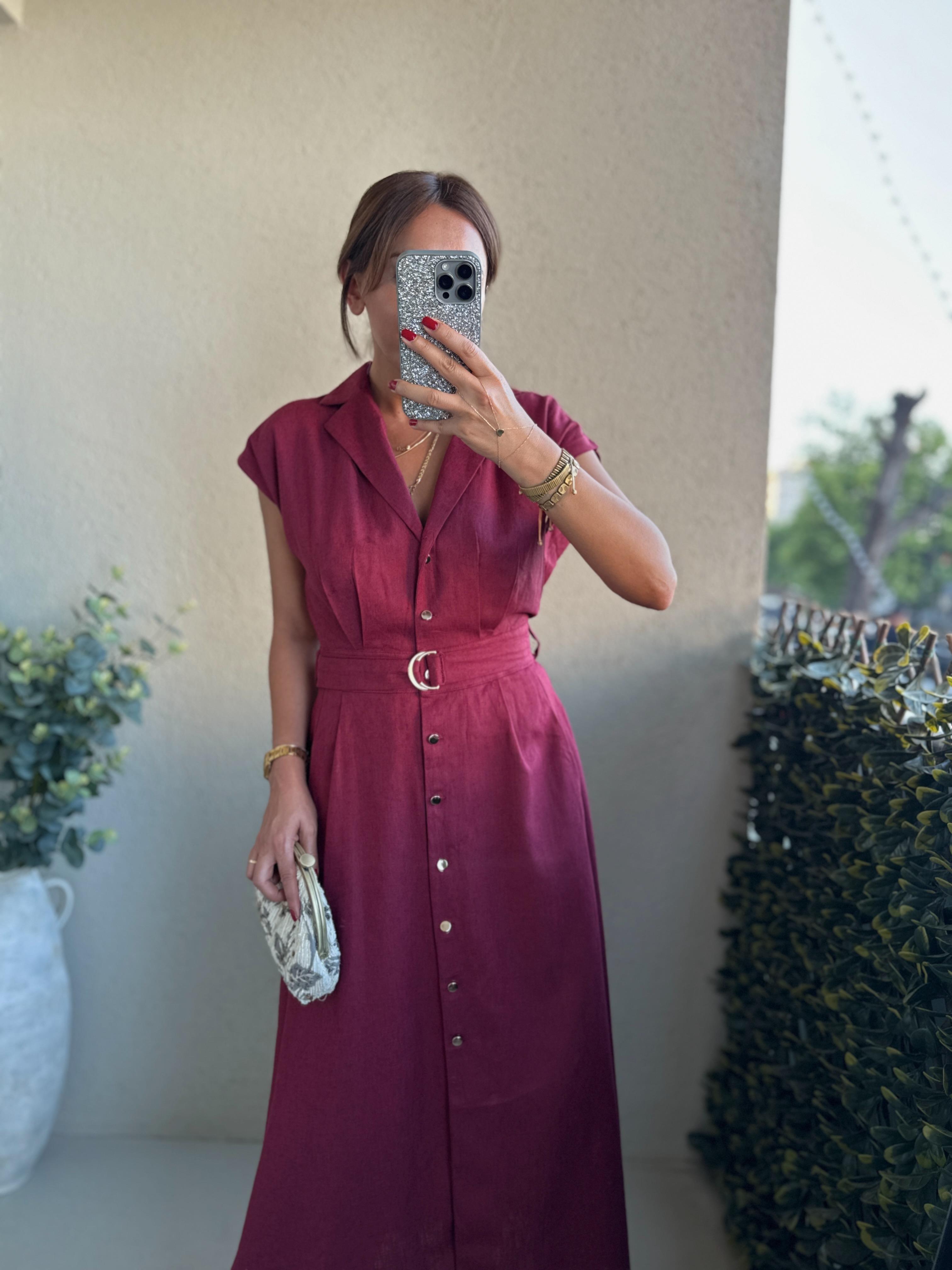 Low 8139 Düğmeli Kemerli Bordo Elbise