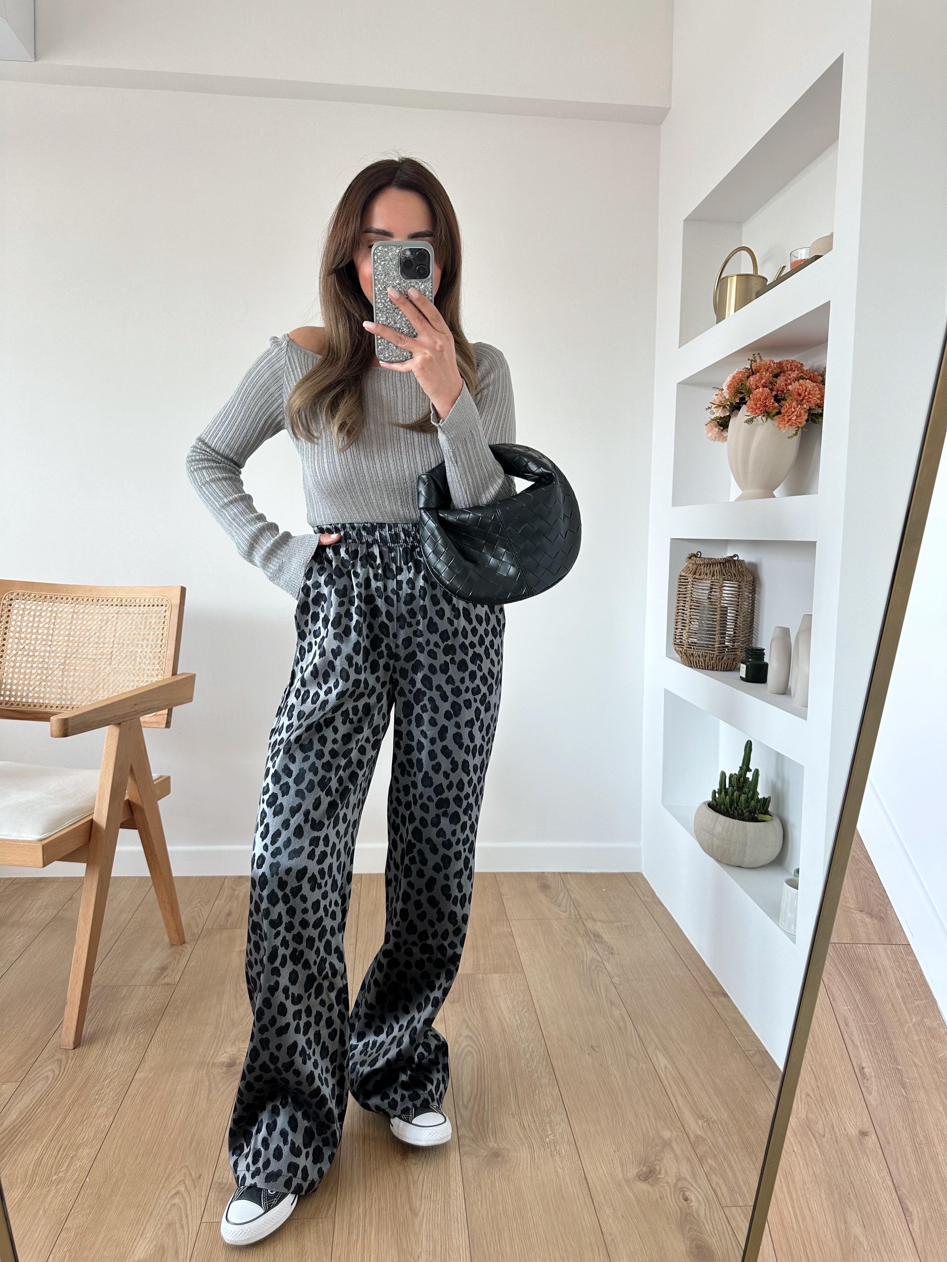 LOW BELİ LASTİKLİ SİYAH GRİ LEOPAR PANTOLON