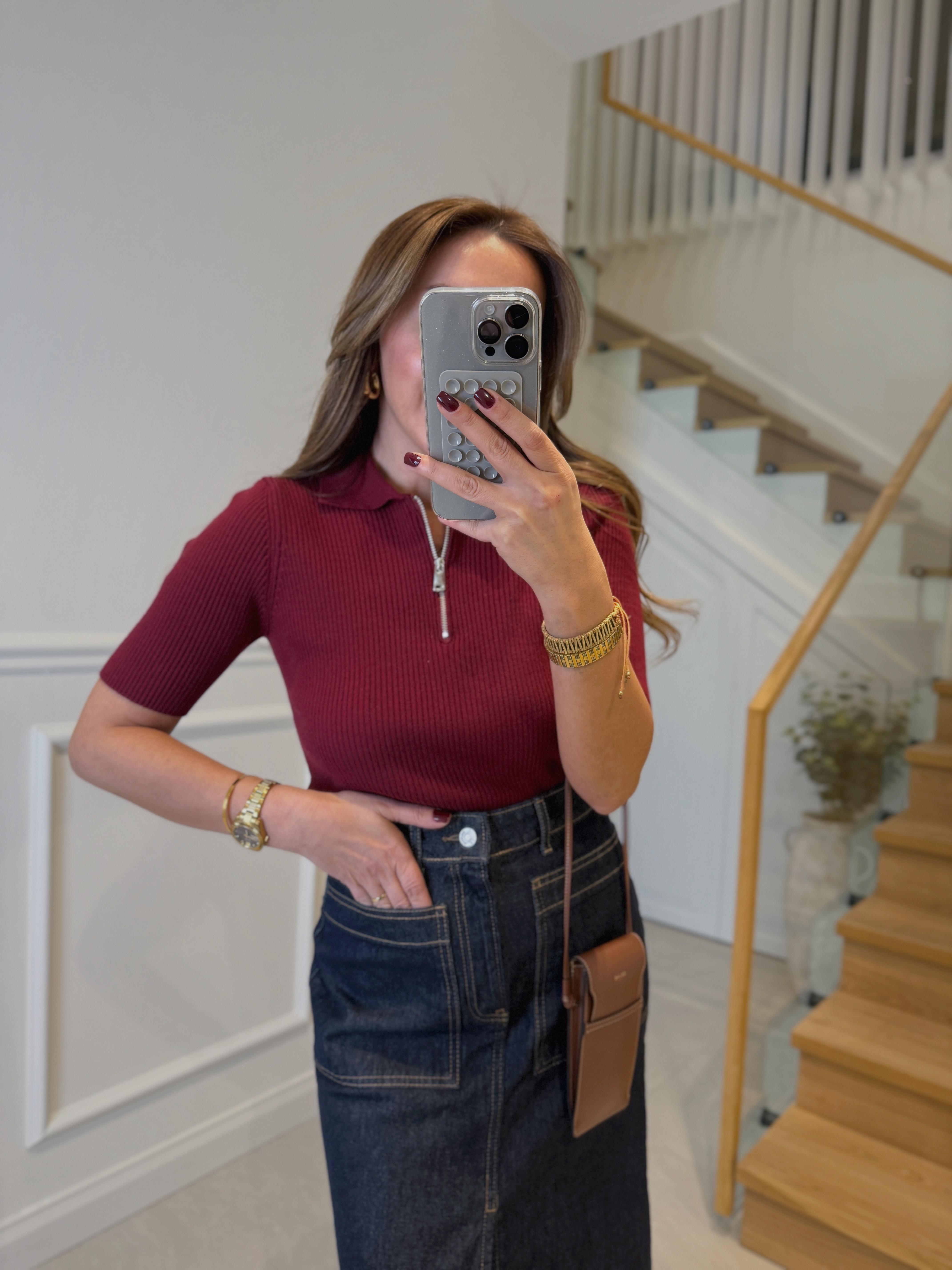 Low Bordo Fermuarlı Crop Triko Bluz