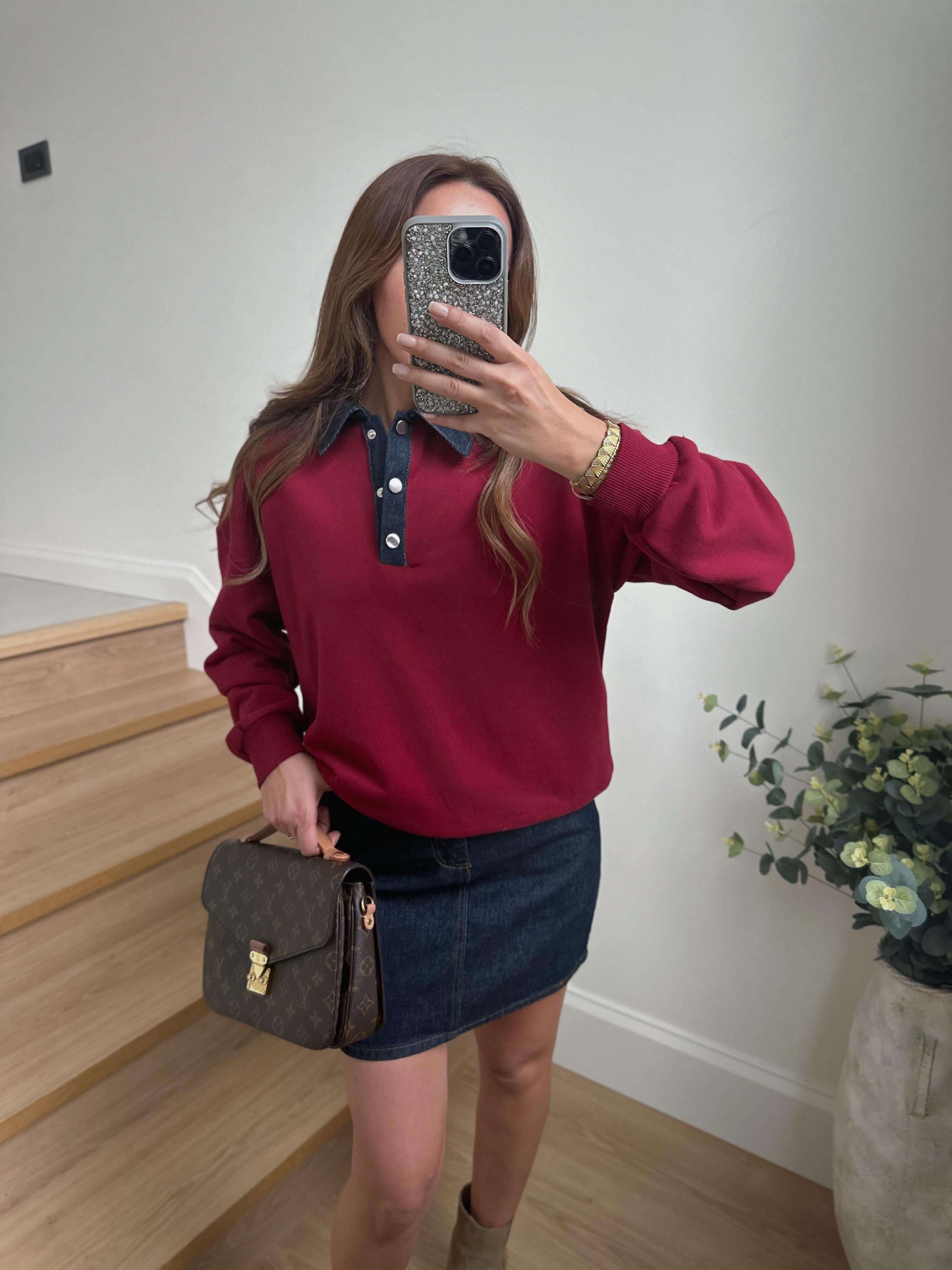 Low Bordo Yakası Jean Detaylı Sweatshirt