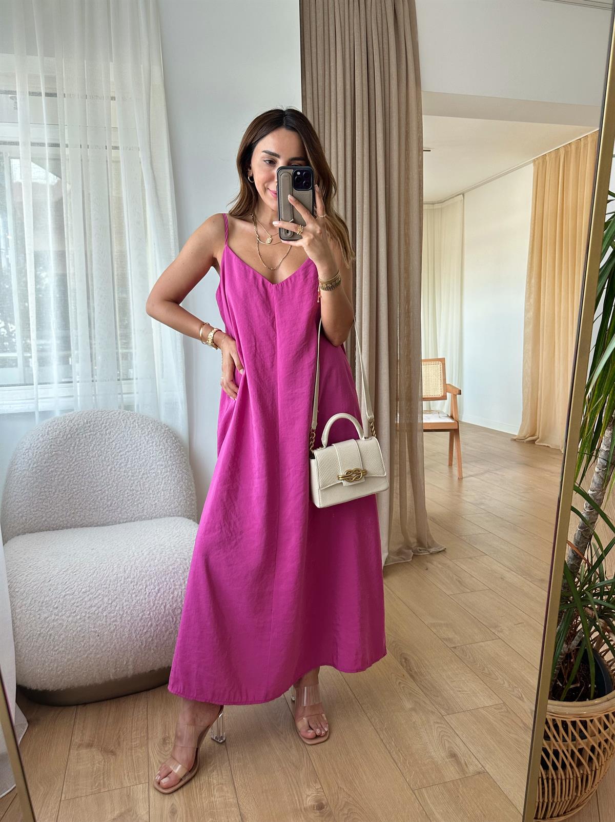 MANDY PEMBE ASKILARI AYARLANABİLİR TENSEL ELBİSE