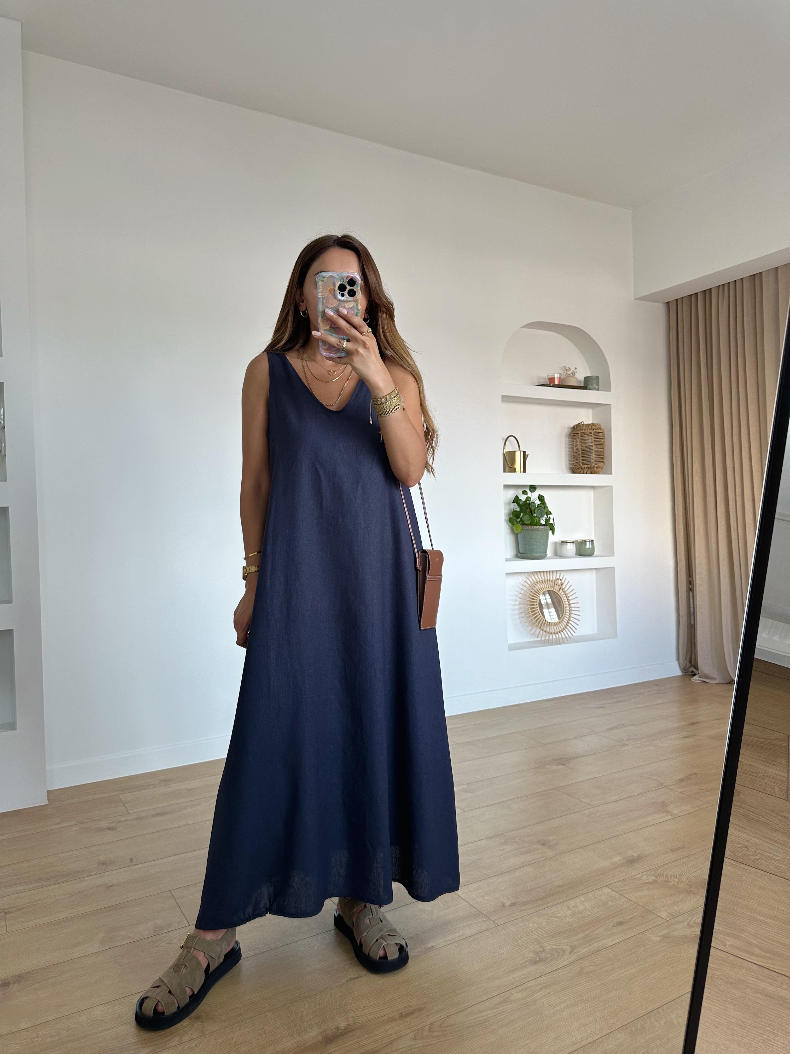 MARCIA %100 KETEN LACİVERT V YAKA ELBİSE 