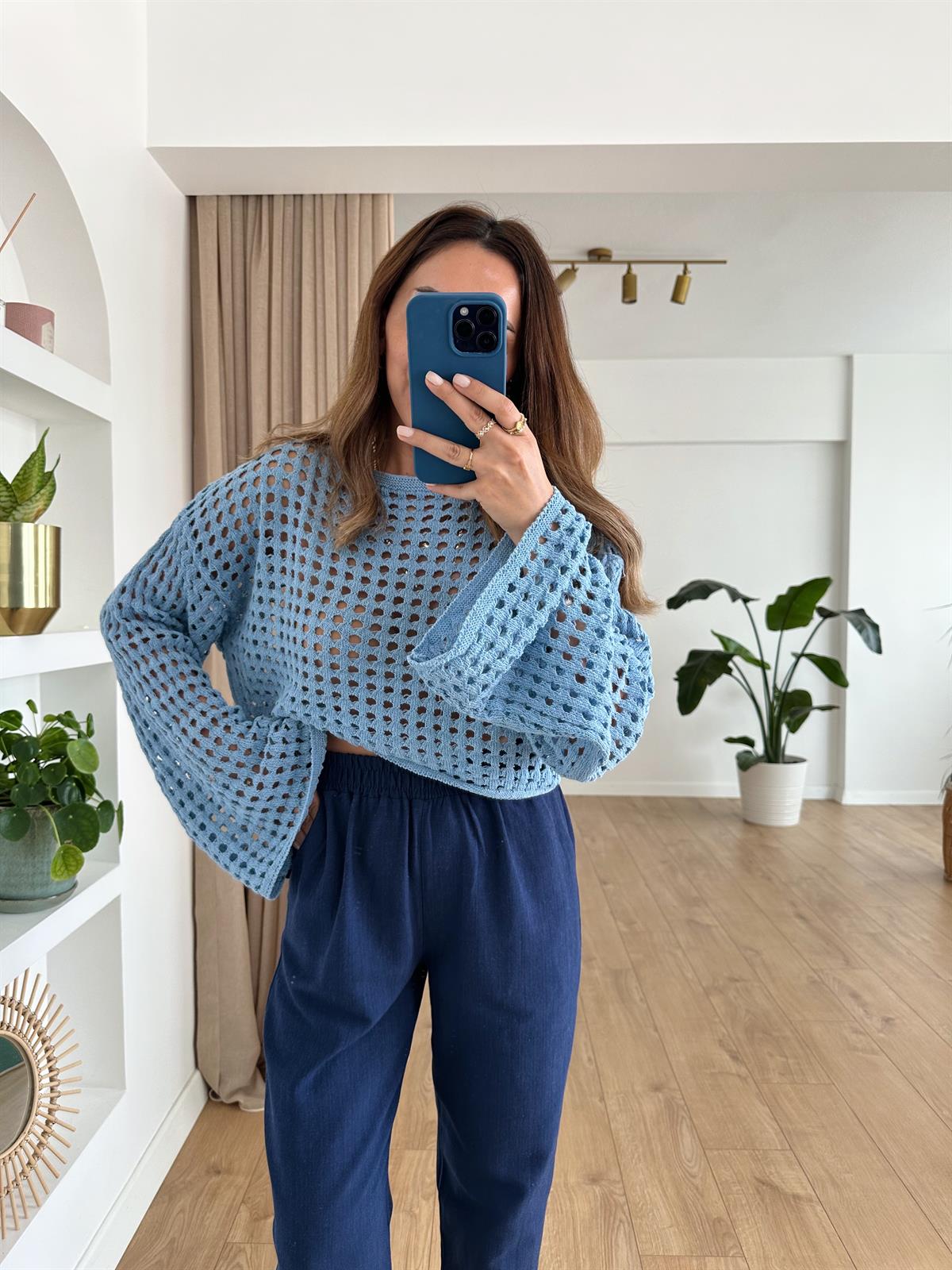 MAVİ AJURLU CROP TRİKO