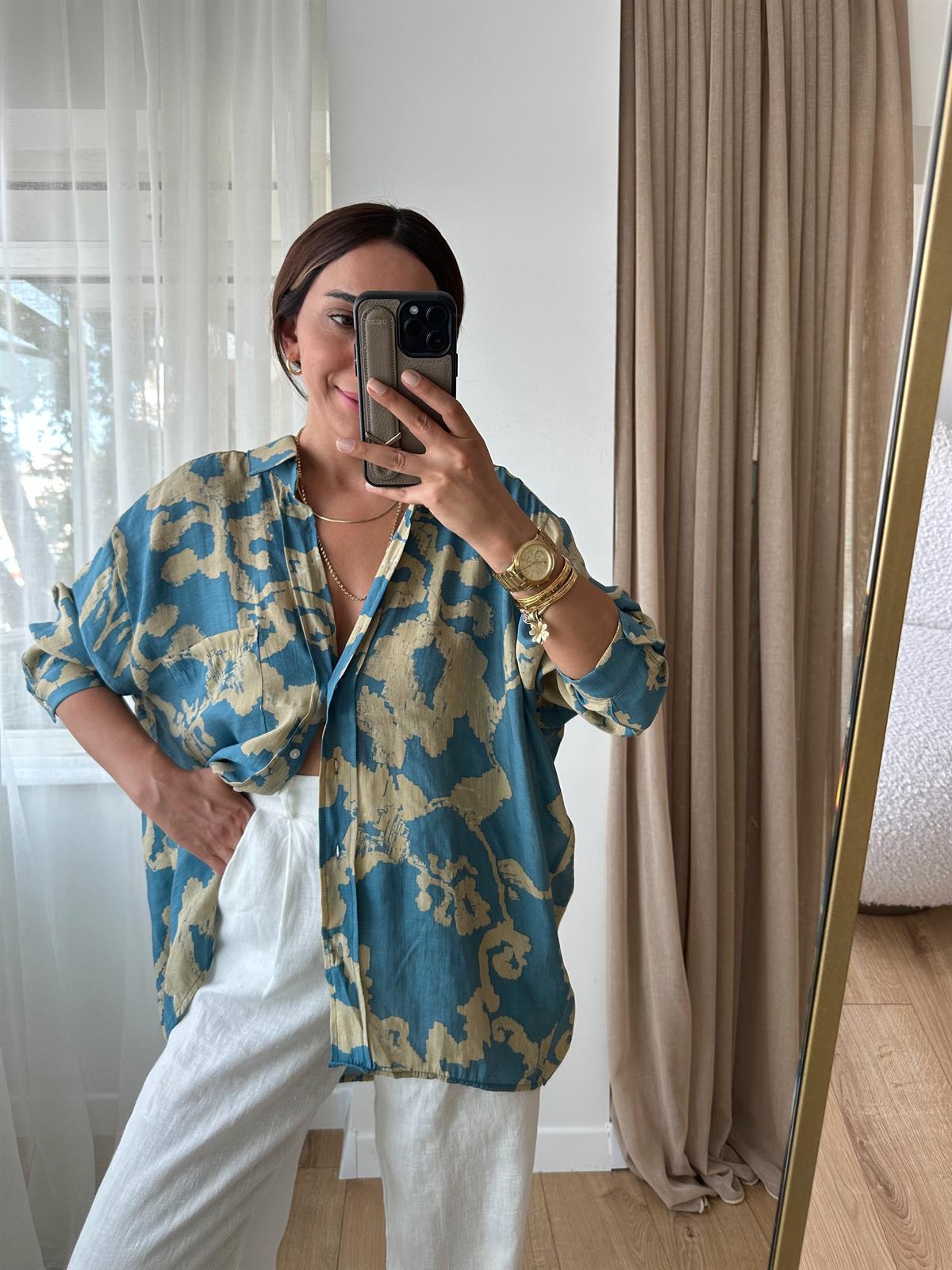 MAVİ DESENLİ TENSEL OVERSIZE GÖMLEK